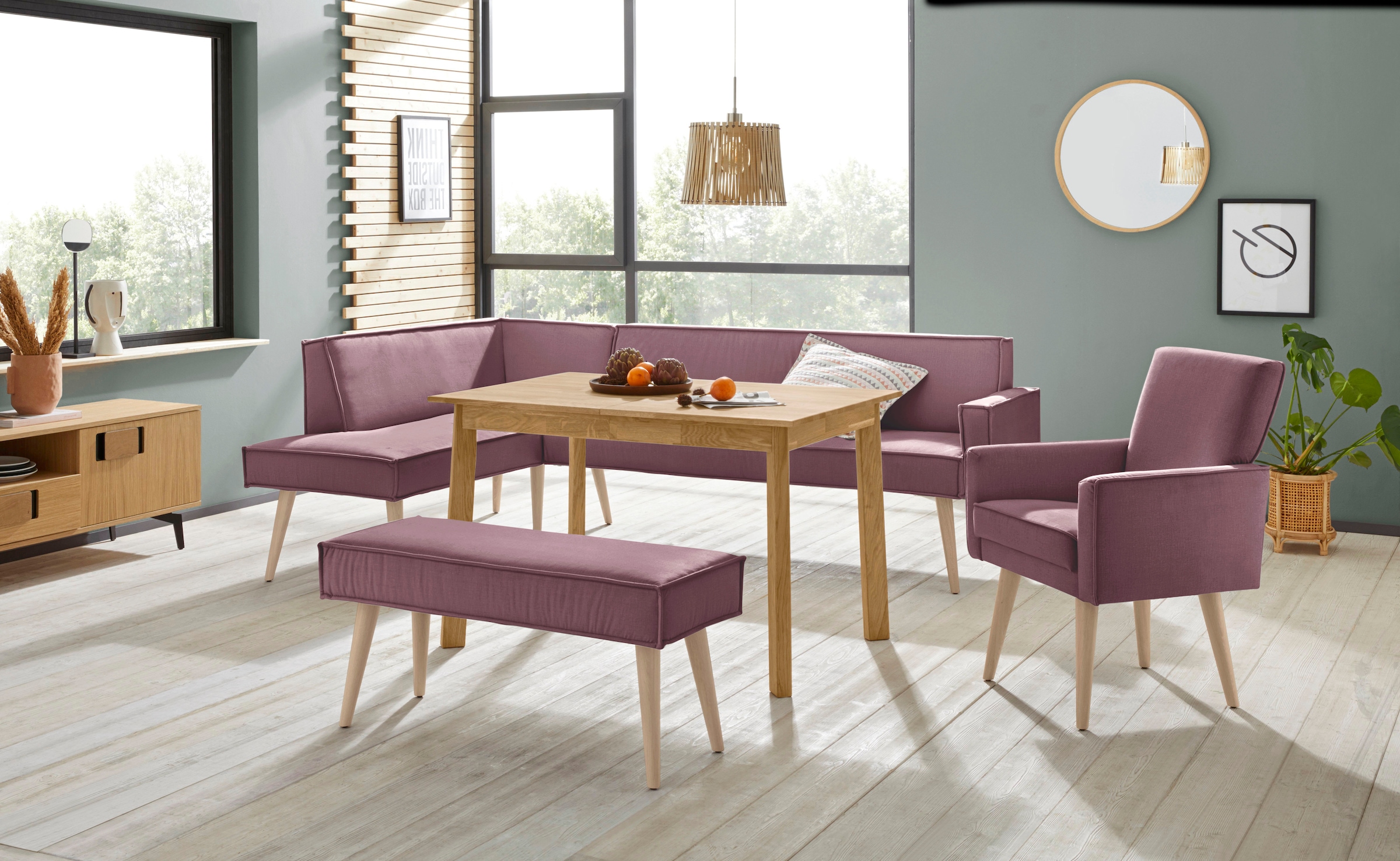exxpo - sofa fashion Eckbank »Lungo, moderne Kedernaht, bequem und elegant, hoher Holzfuss«, hochwertige Detailverarbeitung, frei im Raum stellbar
