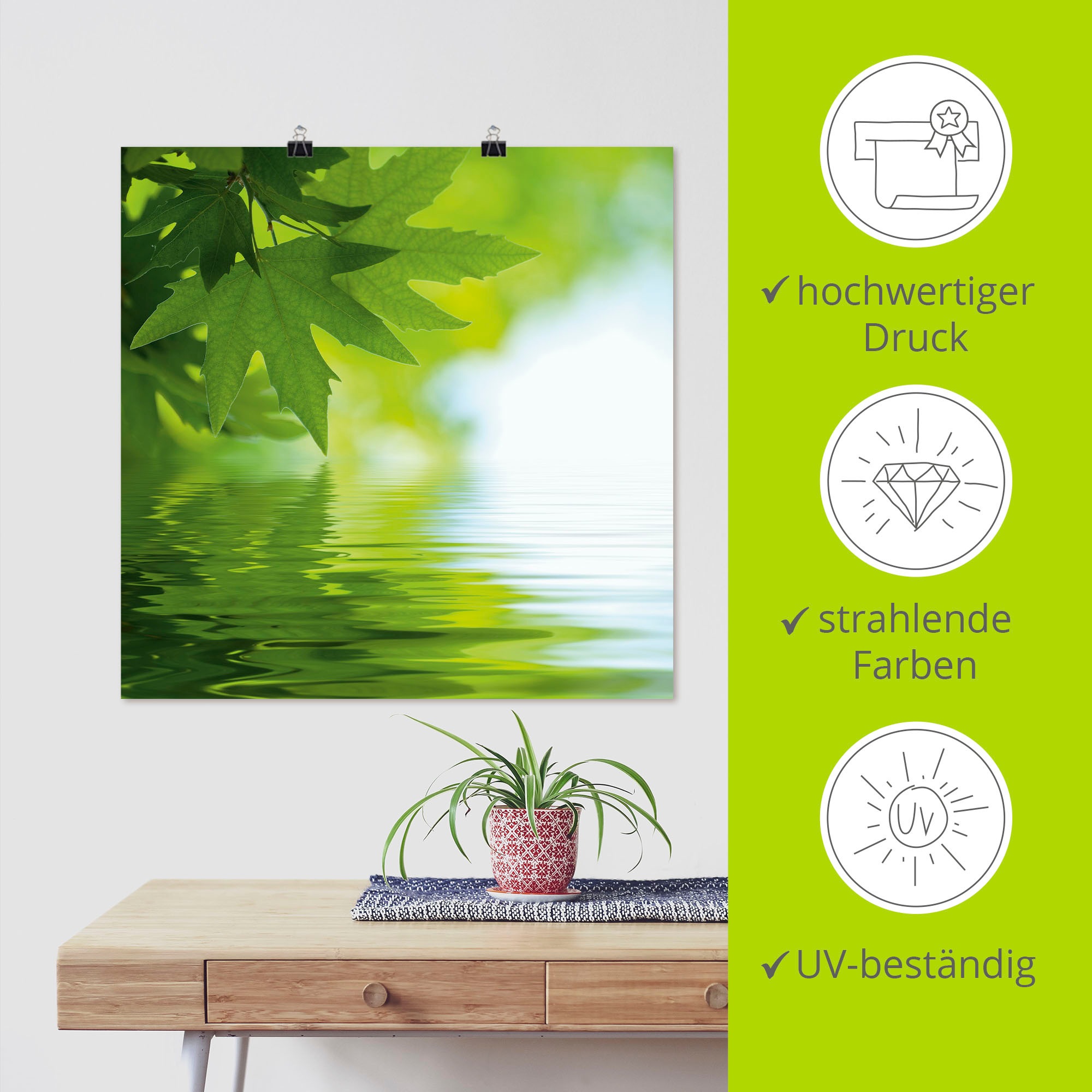 Artland Wandbild »Grüne Blätter reflektieren im Wasser«, Blätter, (1 St.), als Leinwandbild, Poster, Wandaufkleber in verschied. Grössen