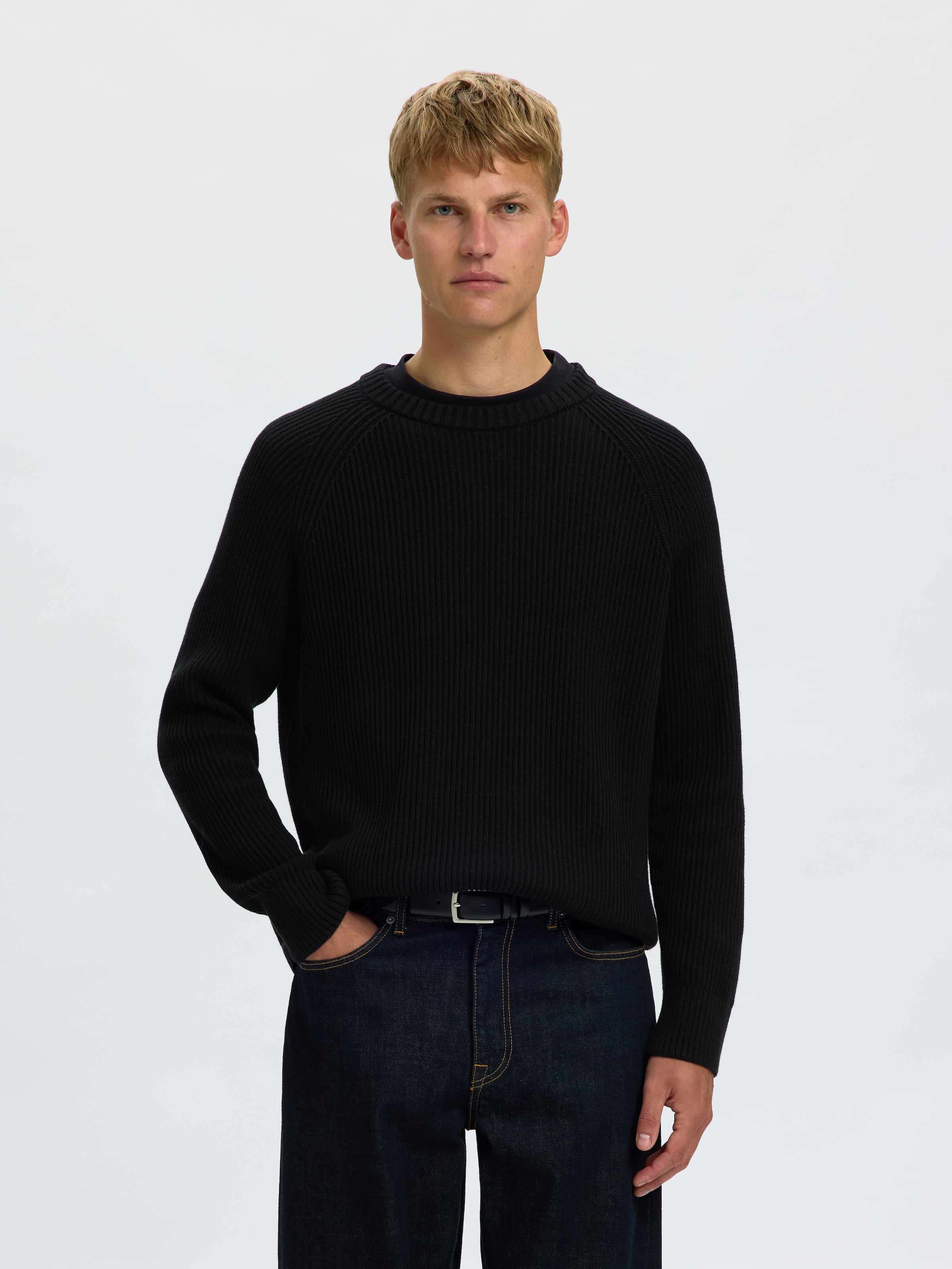 Image of SELECTED Rundhalspullover "SLMBRAUN KNIT RIB CREW NECK NOOS" Baumwolle, relaxed fit