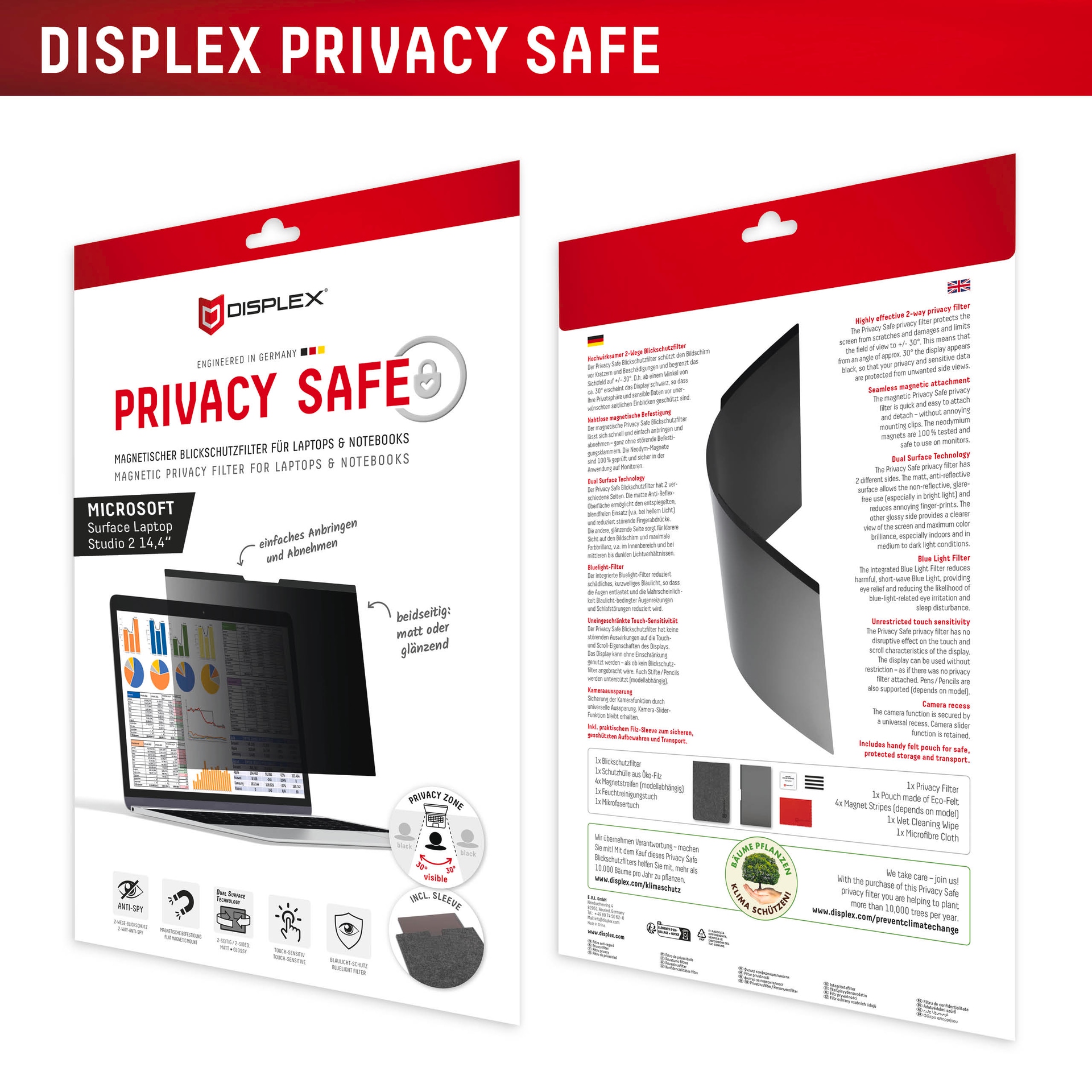 Displex Film de protection d'écran »Privacy Safe 2-Wege Blickschutzfilter« für Microsoft Surface Laptop Studio 2 14,4 Blickschutzfolie, Schutzfolie, Bildschirmschutz, kratz- & stossfest