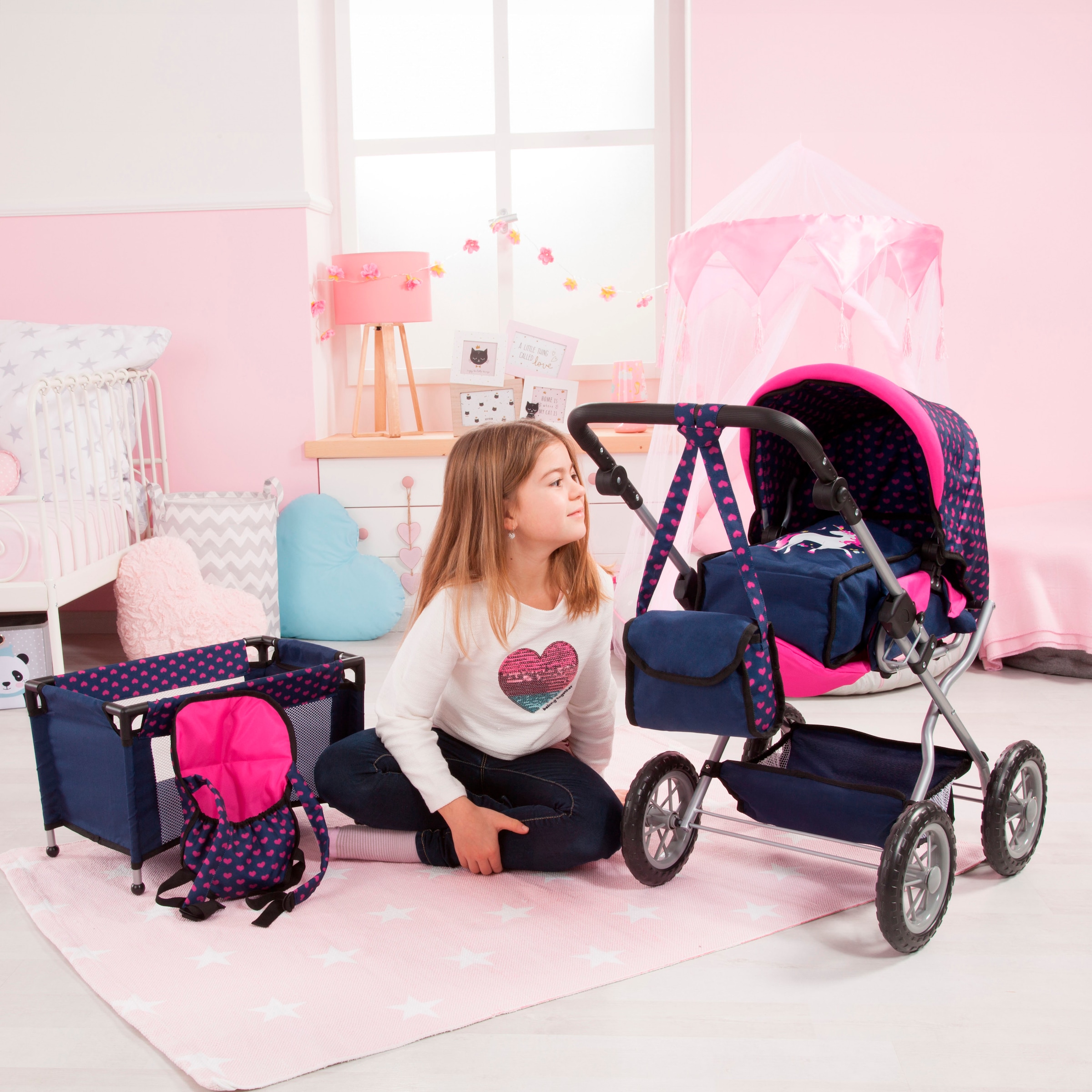 Bayer Kombi-Puppenwagen »Grande« mit Reisebett, Schnuller, Geschirr und Pflegeprodukten