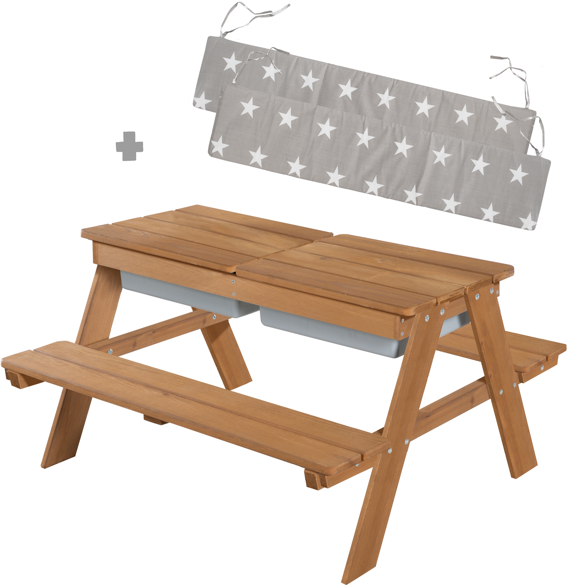Image of roba Kindersitzgruppe "Picknick for 4 Outdoor + mit Spielwannen, Teakholz-Optik" Set, mit abgerundeten Ecken; inklusive Sitzauflagen Â"Little StarsÂ"