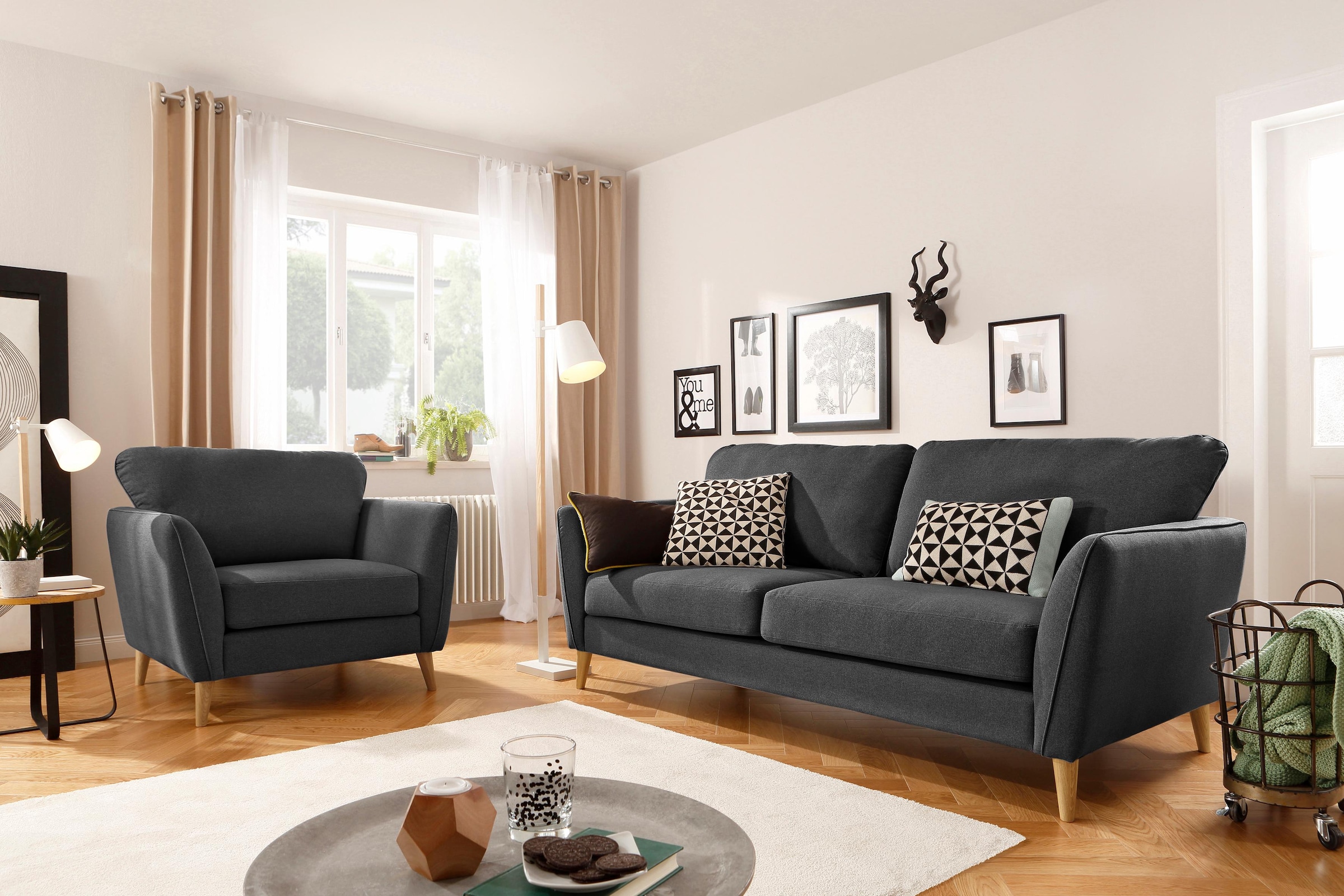 GOODproduct Sessel »MARSEILLE« Massivholzbeine Eiche, Landhausstil, Wellenunterfederung