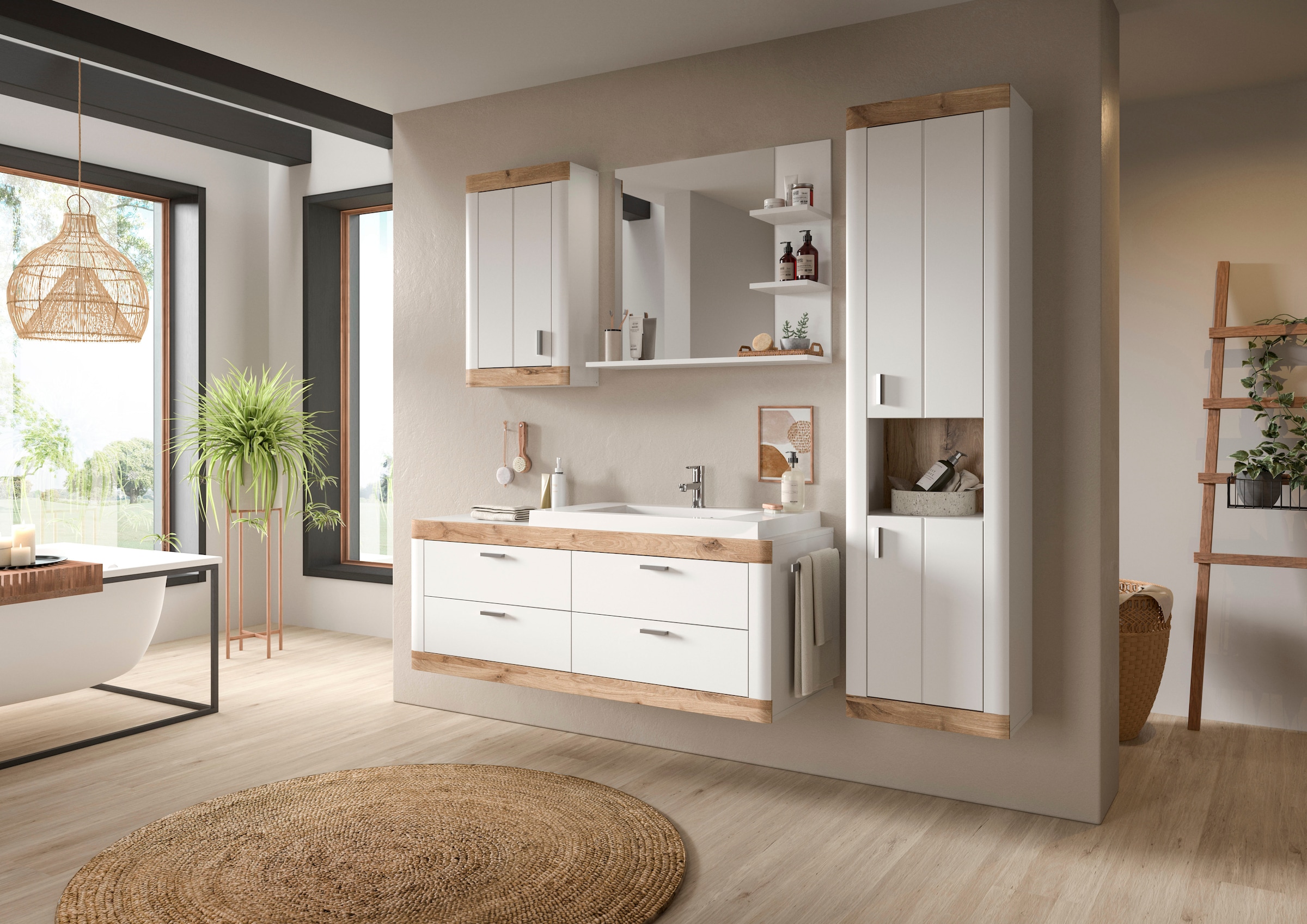 Home affaire Badmöbel-Set »Landsby, 4 teilig, inklusive Mineralguss-Waschbecken, bestehend aus:«, (Set, 4 St.), Waschtisch inkl. Waschbecken, Hängeschrank, Badspiegel, Hochschrank