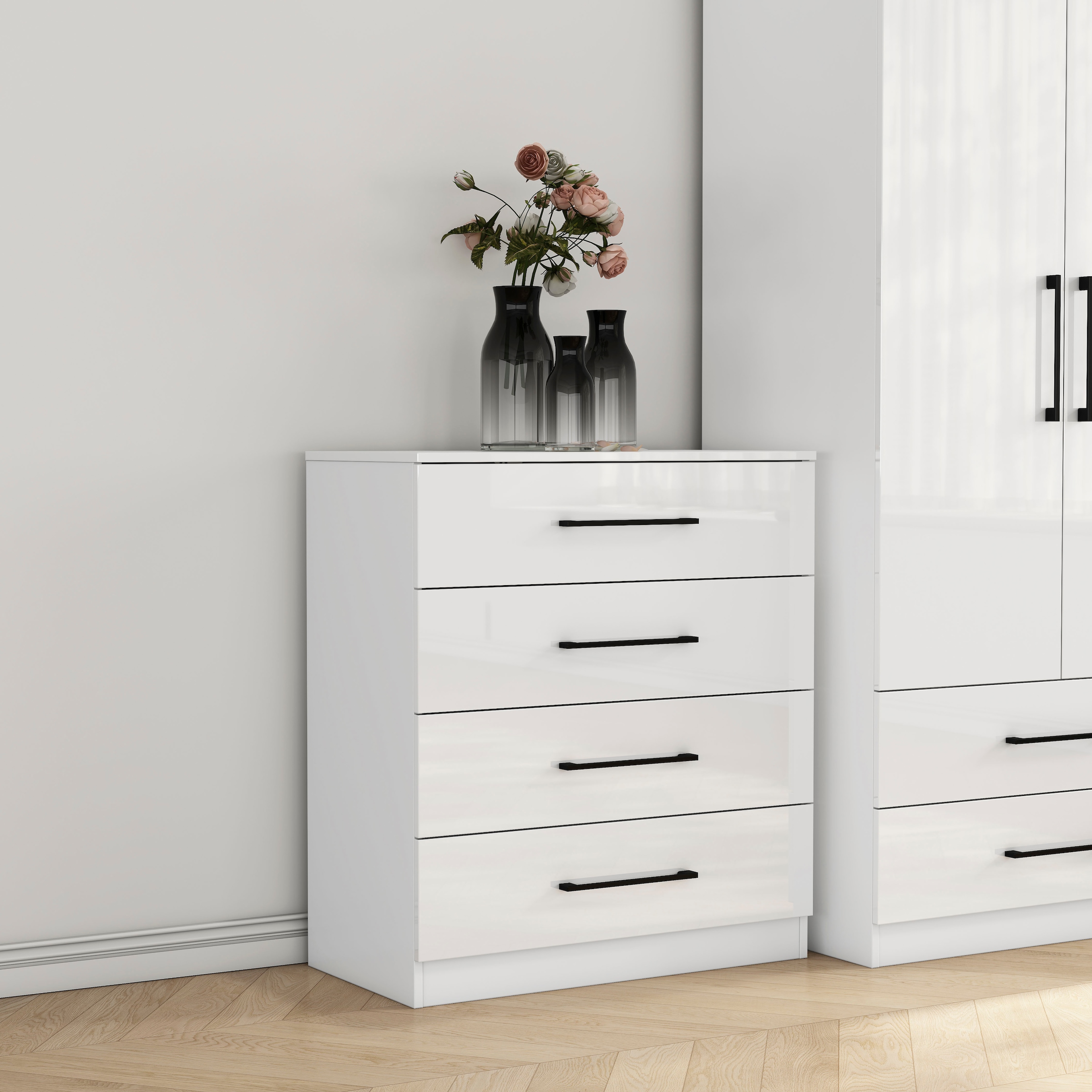 GOODproduct Commode à tiroirs »Sylt Schlafzimmerkommode Kommode Wäscheschrank Bestseller« Viel Stauraum im Schlafzimmer mit hochglänzenden Fronten, 1 cuis tlg. Beistellschrank mit 4 Schubladen