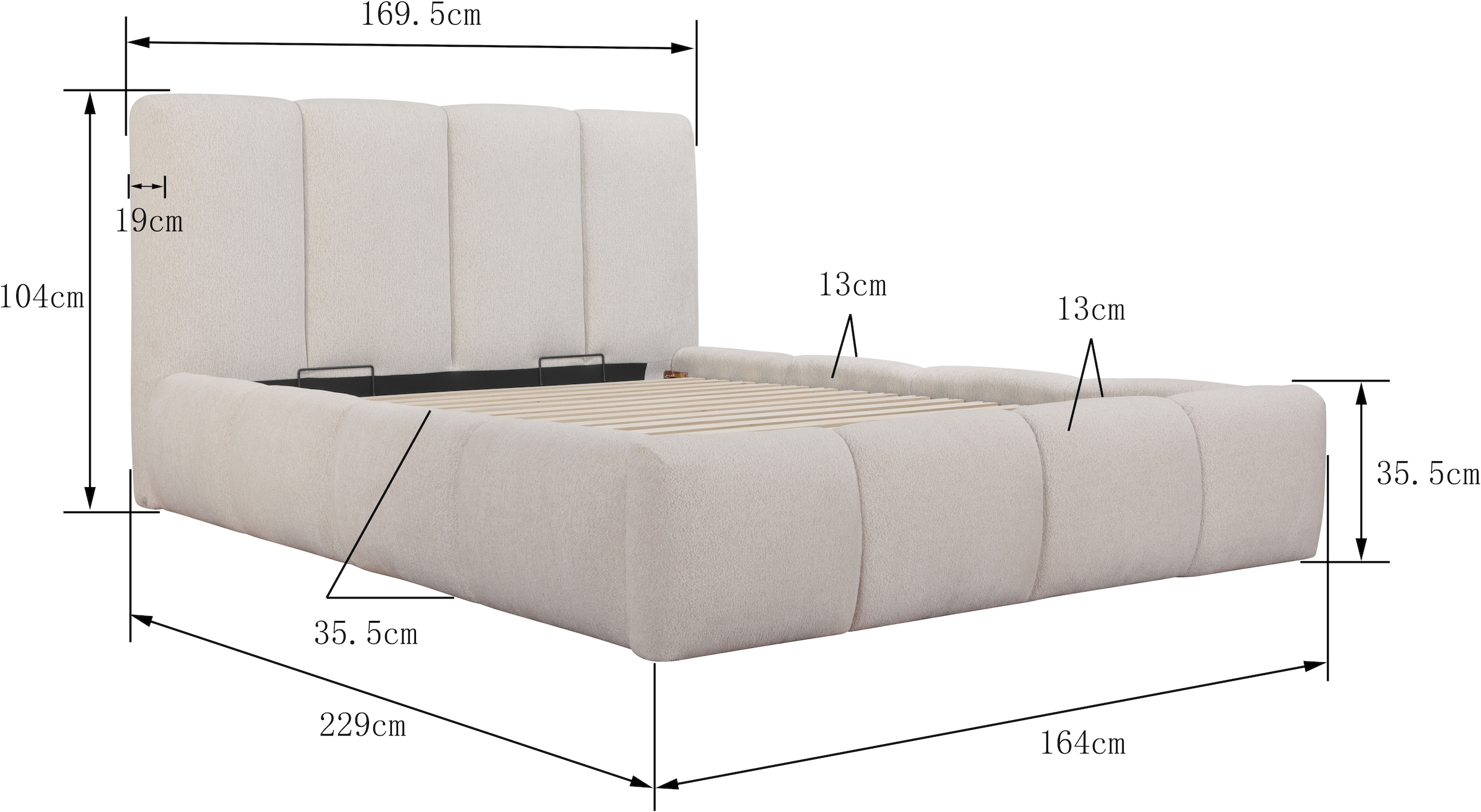 GOODproduct Lit rembourré »MERLINDA, Stauraumbett mit Lattenrost und Bettkasten, Chenille-Bezug« tête de lit et cadre fortement rembourrés, surface de couchage 140x200 / 180x200 cm