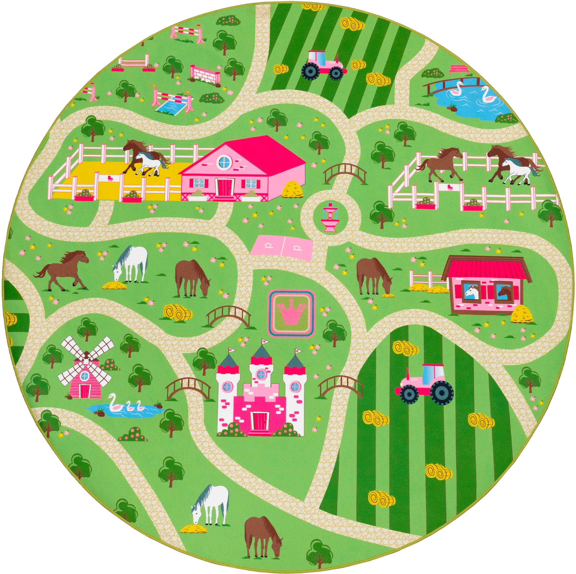 Paco Home Kinderteppich »Bino 560«, rund, 4 mm Höhe, Kurzflor, Strassen-Spiel-Teppich, Motiv Bauernhof, Kinderzimmer