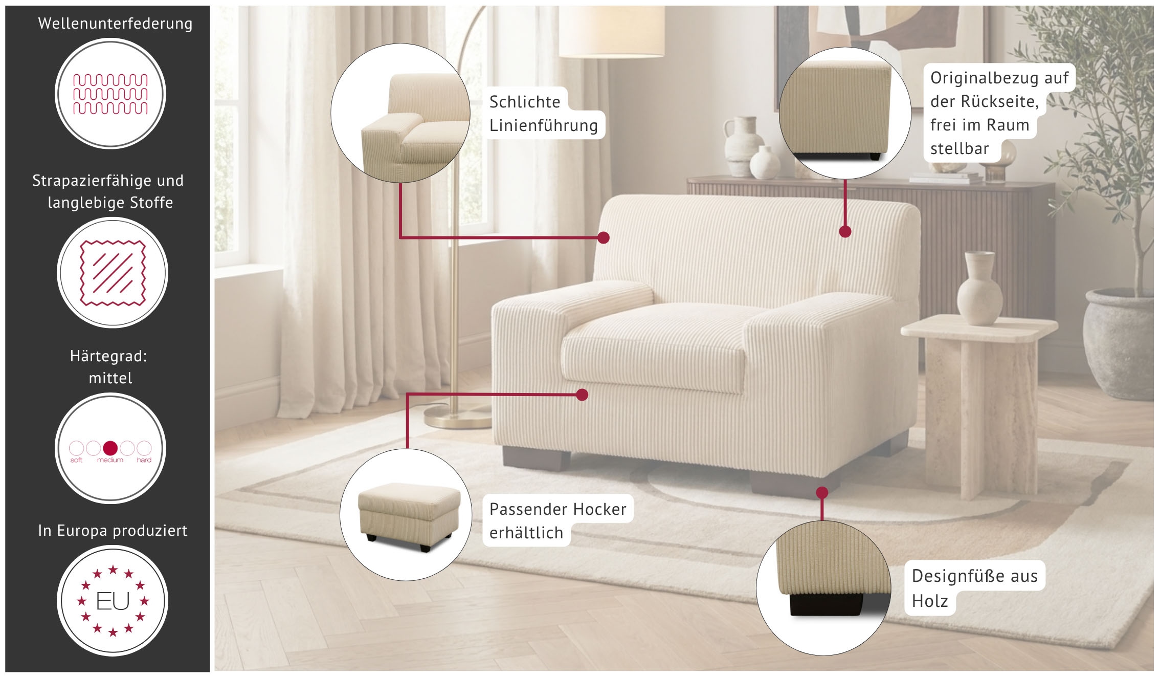 GOODproduct Fauteuil »Faxe 101 x 85 cm, stabile Konstruktion« en tissu doux et facile d'entretien