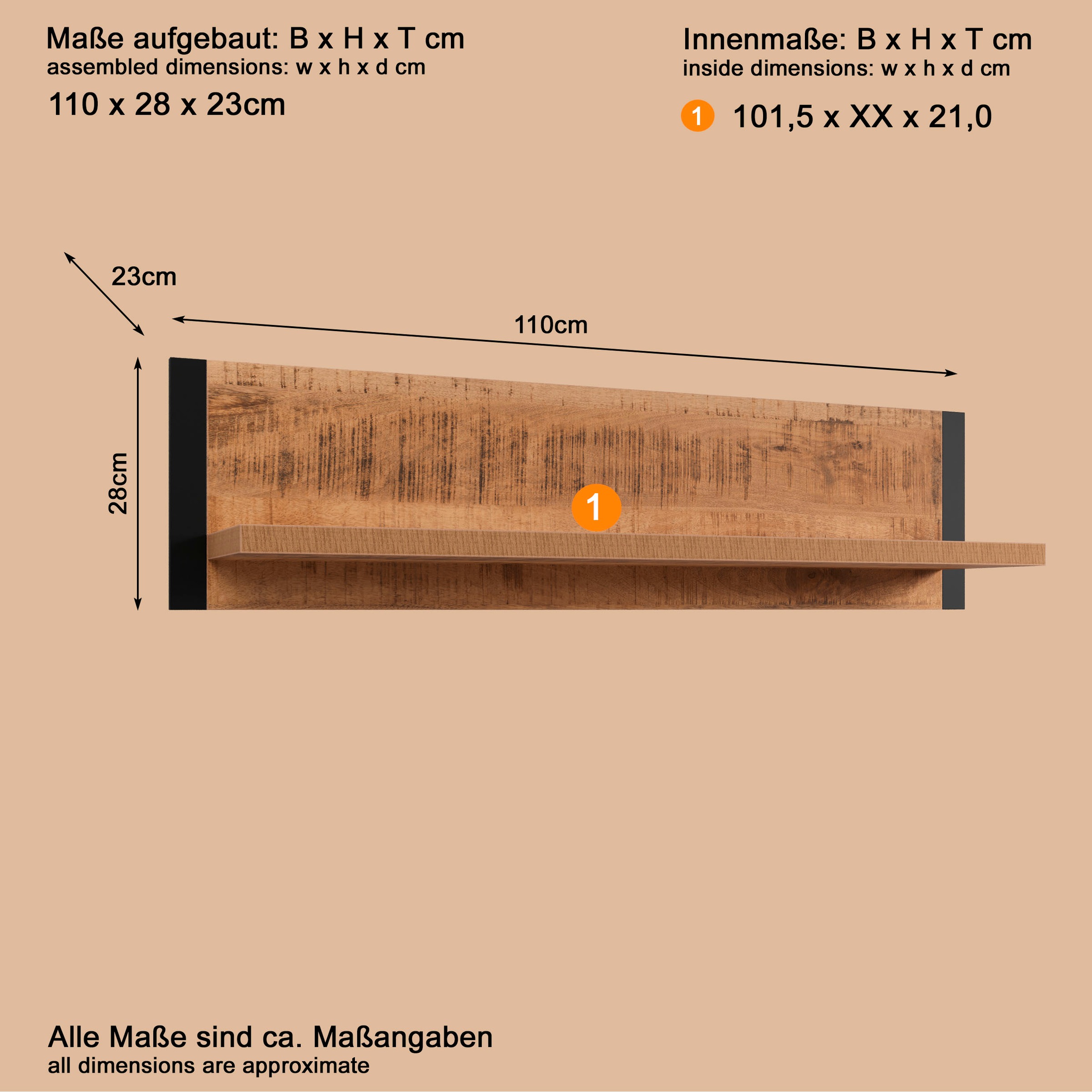 Home affaire Wandregal »Elda« 1 Stk. tlg. Wandboard für Dein Wohnzimmer oder Flur – (B/T/H) 110/23/28 cm