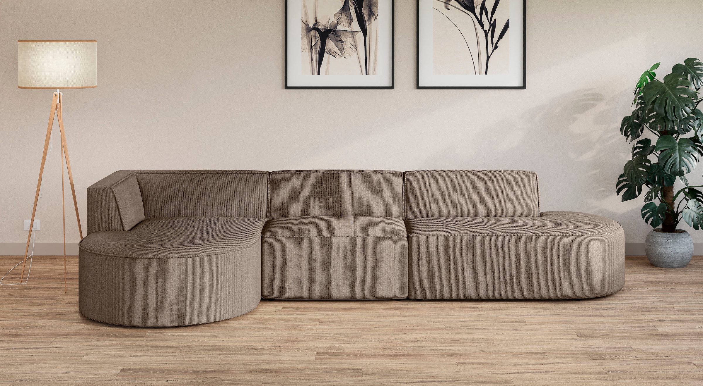 GOODproduct Ecksofa »EIVIND Designer Sofa mit Ottomane rechts/links, B/T/H: 343/159/72 cm« L-Form mit Wellenunterfederung, auch in Feincord und Bouclé