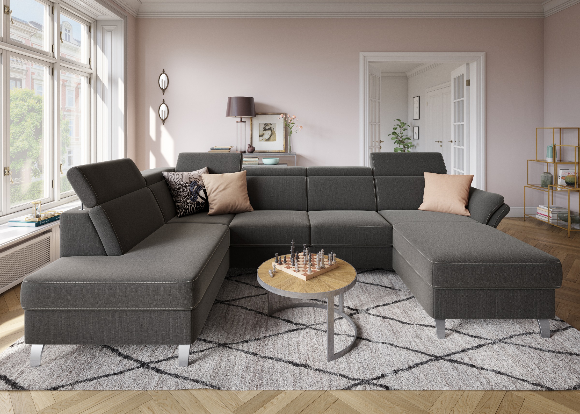 sit&more Wohnlandschaft »Vincenzo U-Form«, inklusive Kopfteilverstellung, wahlweise mit Bettfunktion, Bettkasten
