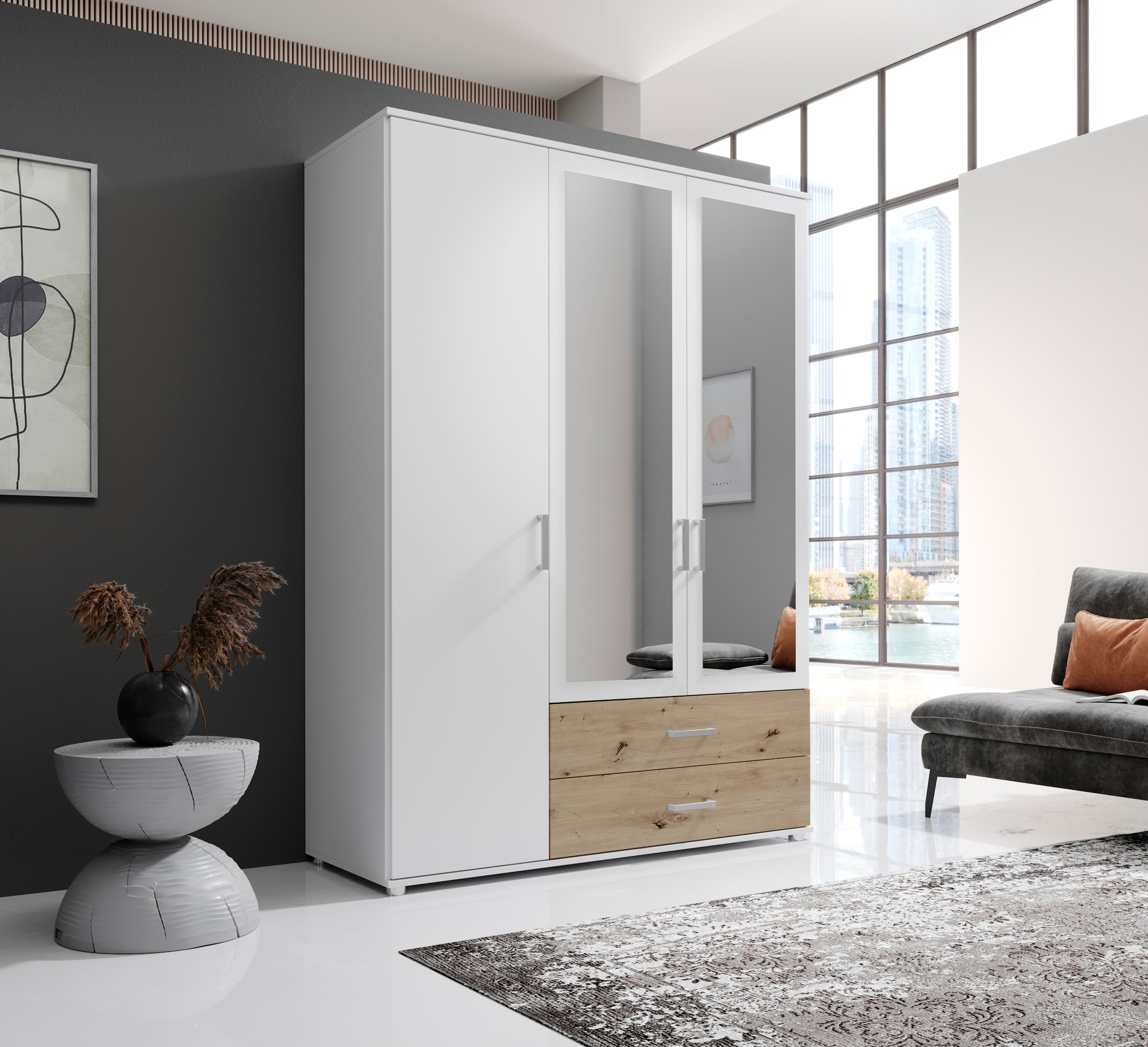 Schlafkontor Drehtürenschrank »Ivar Kleiderschrank mit Spiegel« inklusive 2 Spiegeltüren und 2 farblich abgesetzten Schubkästen