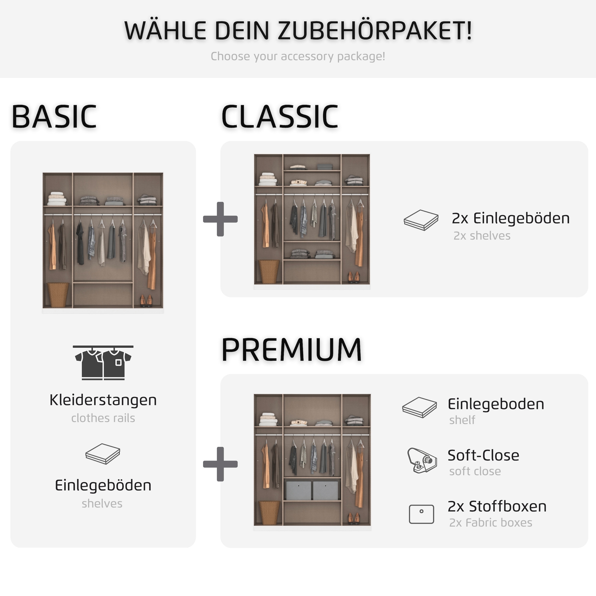 rauch Kleiderschrank »Mehrzweckschrank Schrank Garderobe Wäscheschrank Schlafzimmer GAMMA« 3 verschiedene Ausstattungen BASIC/CLASSIC/PREMIUM (inkl. SOFT-CLOSE),  Weiss, 181 cm, 2 Schubladen, Stangengriff Schwarz MADE IN GERMANY