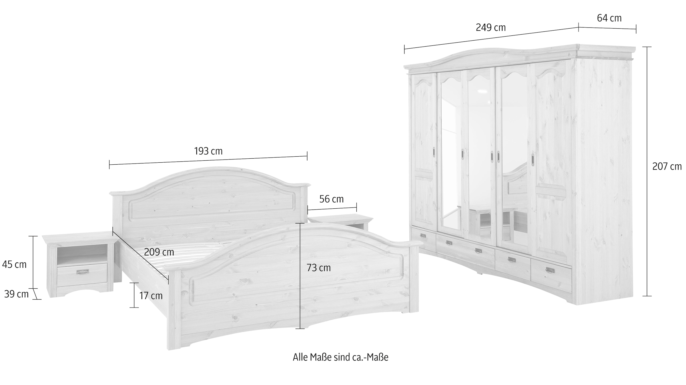 Home affaire Schlafzimmer-Set »"Konrad", komplettes Schlafzimmer mit grossem Schrank«, (Set, 4 tlg., Kleiderschrank 5 türig mit Schubladen, 2 Nachttische, Bett 180x200cm), mit 5-trg. Kleiderschrank, Bett 180/200 cm und 2 Nachttischen