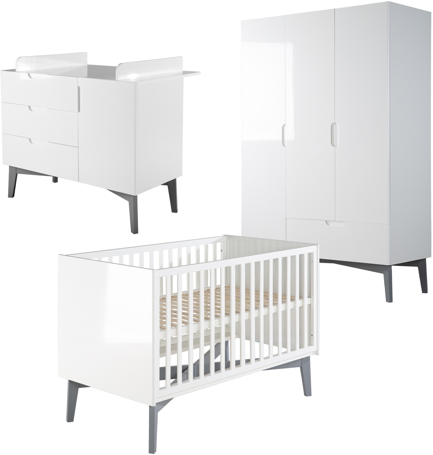 Image of roba® Babyzimmer-Komplettset »Retro 2«, (Set, 3 St., Kinderbett, Schrank, Wickelkommode), Made in Europe; mit Kinderbett, Schrank und Wickelkommode, Front in MDF Hochglanz weiss bei Ackermann Versand Schweiz