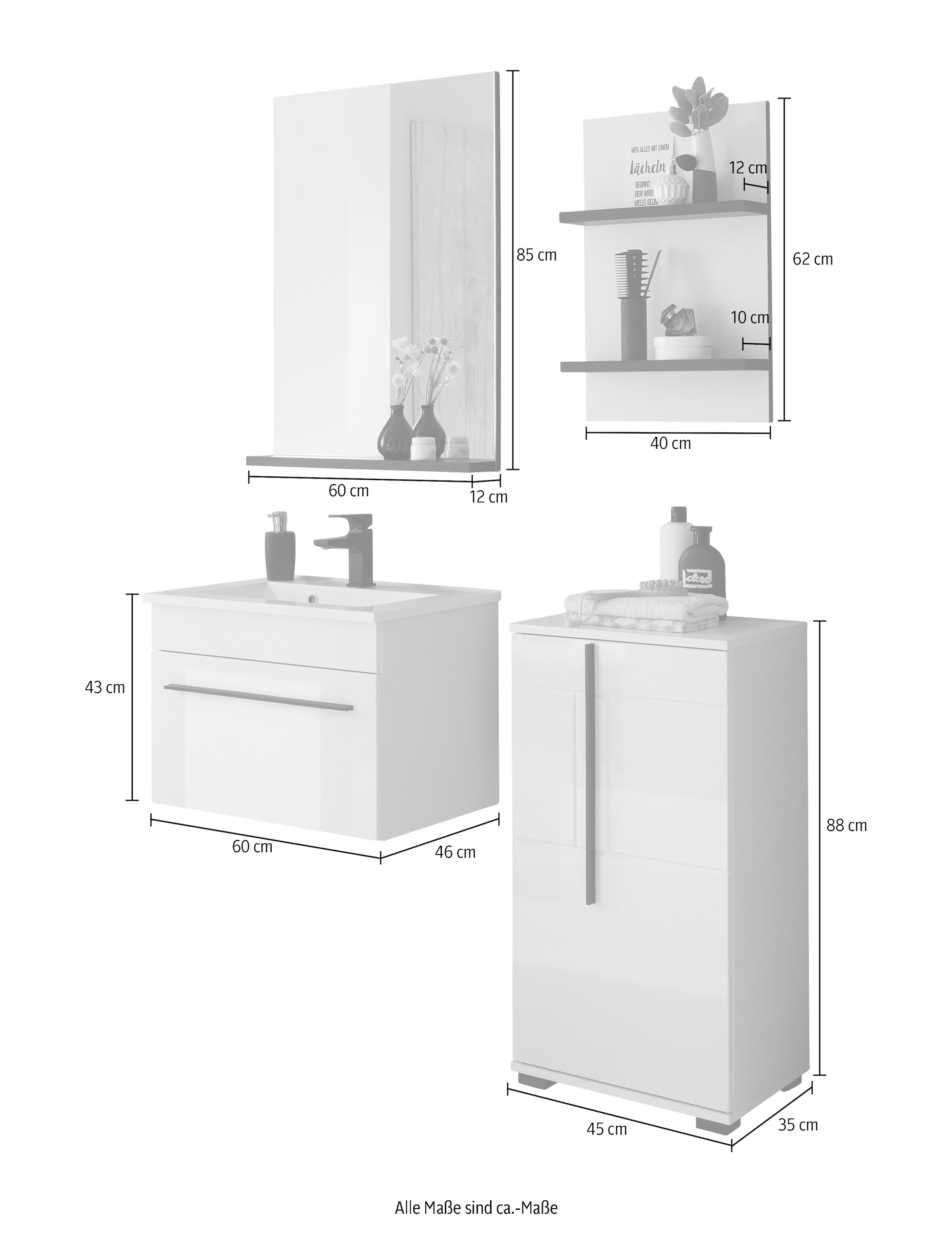 INOSIGN Badmöbel-Set »Cantara, Bad im modernen Design, 4-teiliges Badezimmer«, (Set, 4 St.), Waschtisch, Schrank, Hängeregal und Spiegel, in Weiss Hochglanz