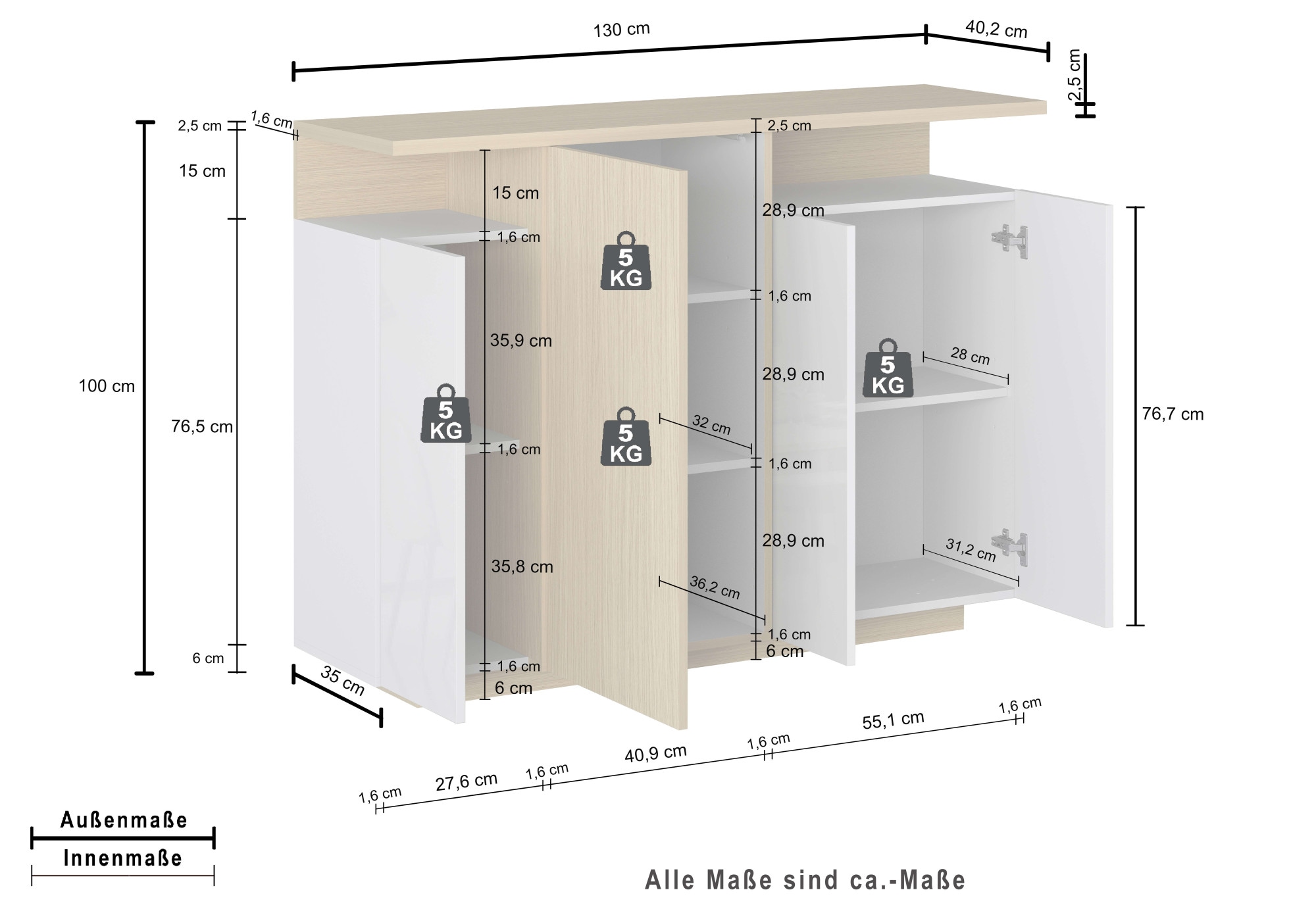 GOODproduct »Highboard ETHOS, Kommode, Schrank, Kredenz« 1 cuis tlg. Avec 4 portes pivotantes, 9 compartiments intérieurs et 2 compartiments extérieurs, L.130 cm