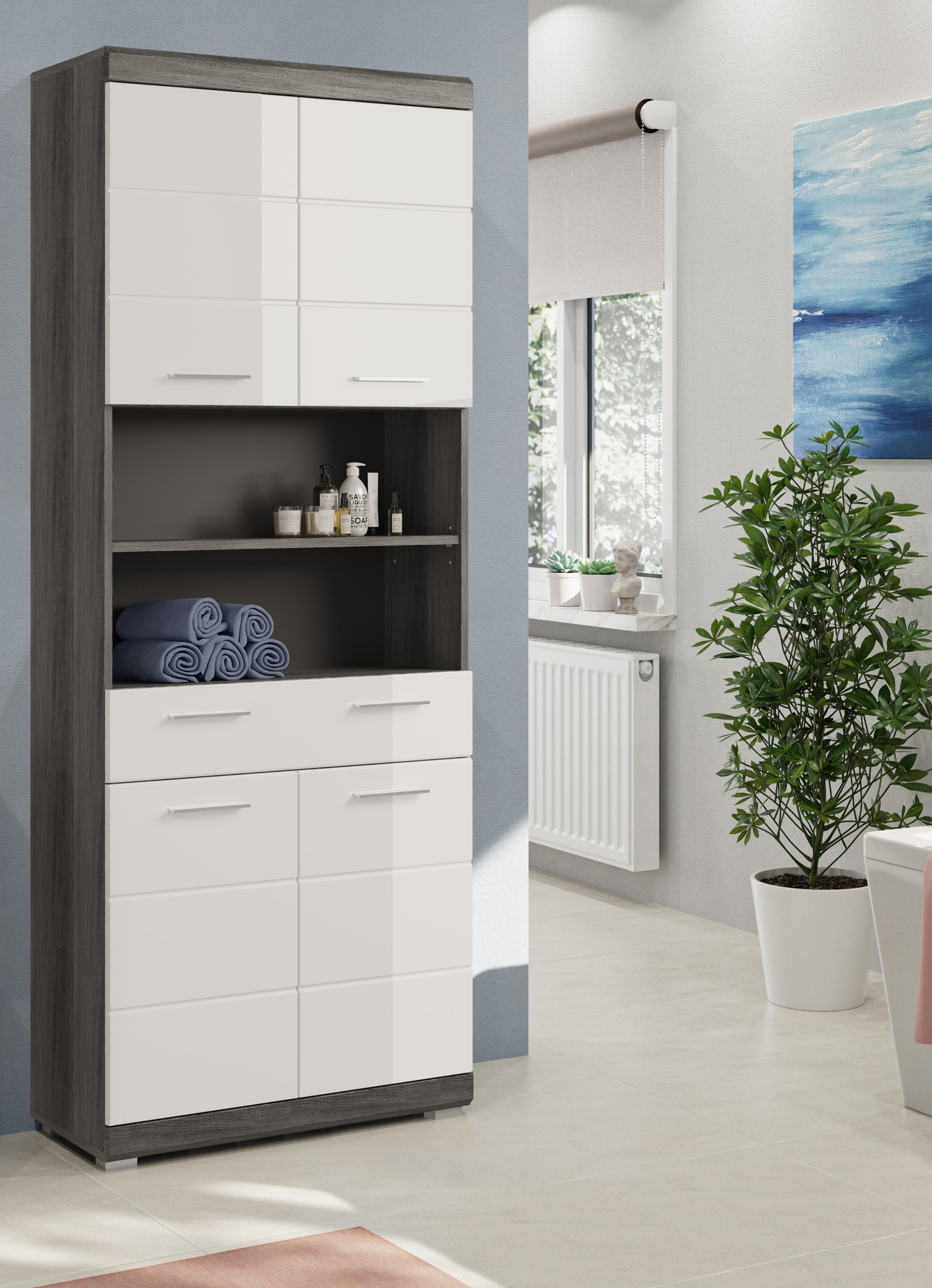 welltime Hochschrank »SIENA, Breite 74cm, 4 Türen, 1 Schubkasten, 2 offene Fächer, MDF-Front« TOPSELLER!,  in verschiedenen Farben erhältlich, Badmöbel, Badschrank, Schrank, Bad