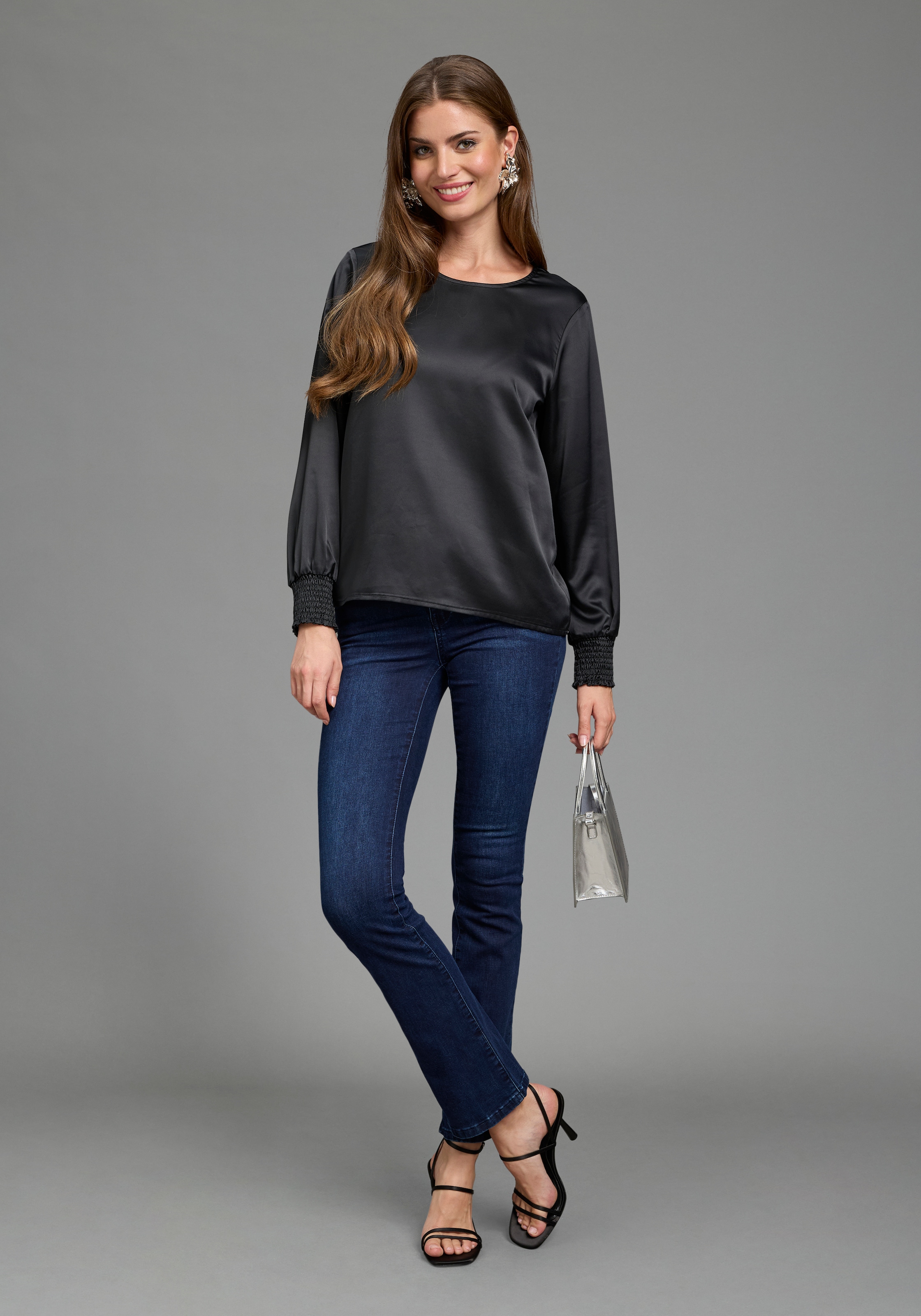 Laura Scott Blouse à enfiler Blouse en satin festive, bord côte élastique aux manches, tissu brillant