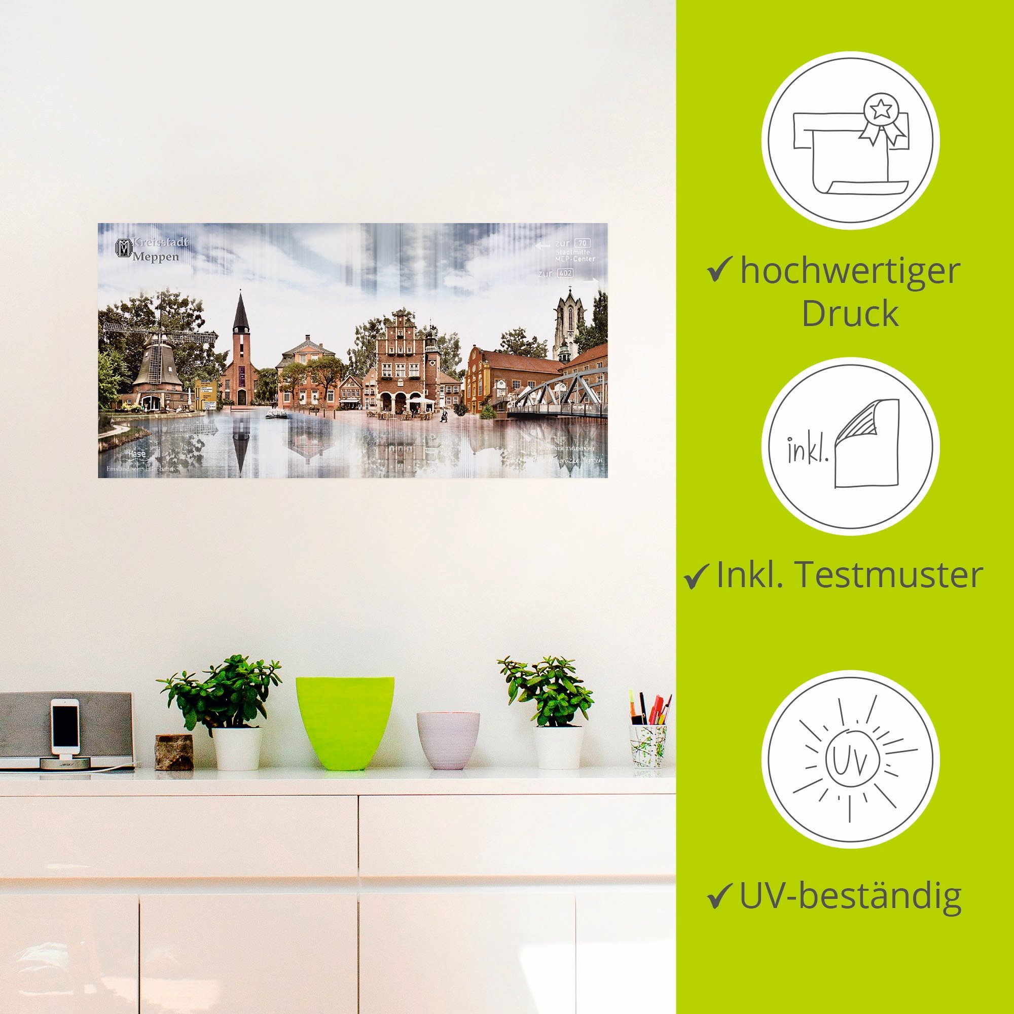 Artland Wandbild »Meppen Skyline Abstrakte Collage«, Deutschland, (1 St.), als Leinwandbild, Wandaufkleber in verschied. Grössen
