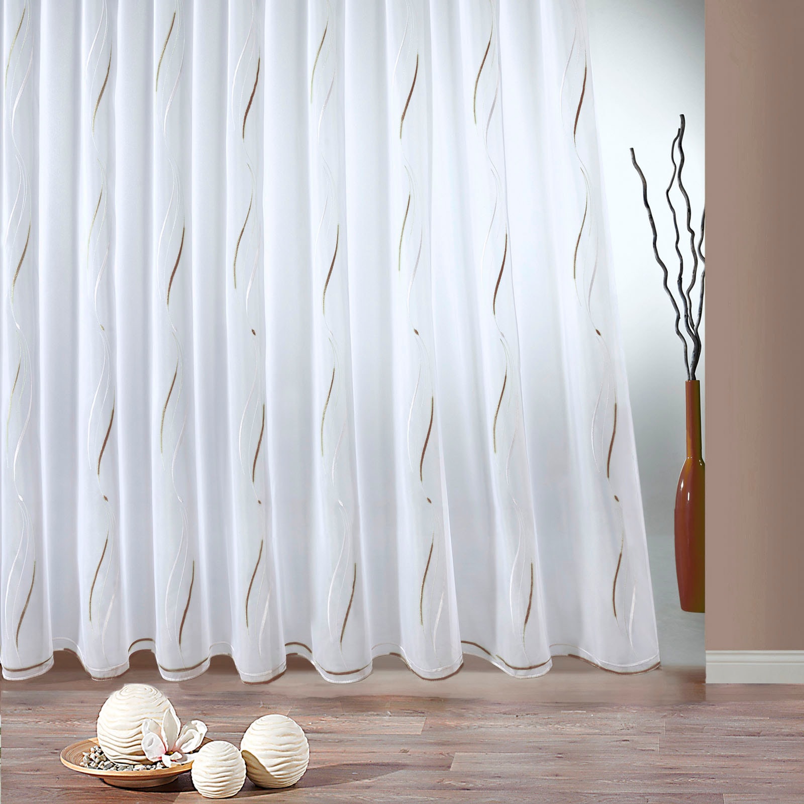 Image of Weckbrodt Gardine "VIVIEN" Smokband 1 Stk. tlg. echte Stickerei, Voile, Allover, Motiv, Halbtransparent, gebogt, Store