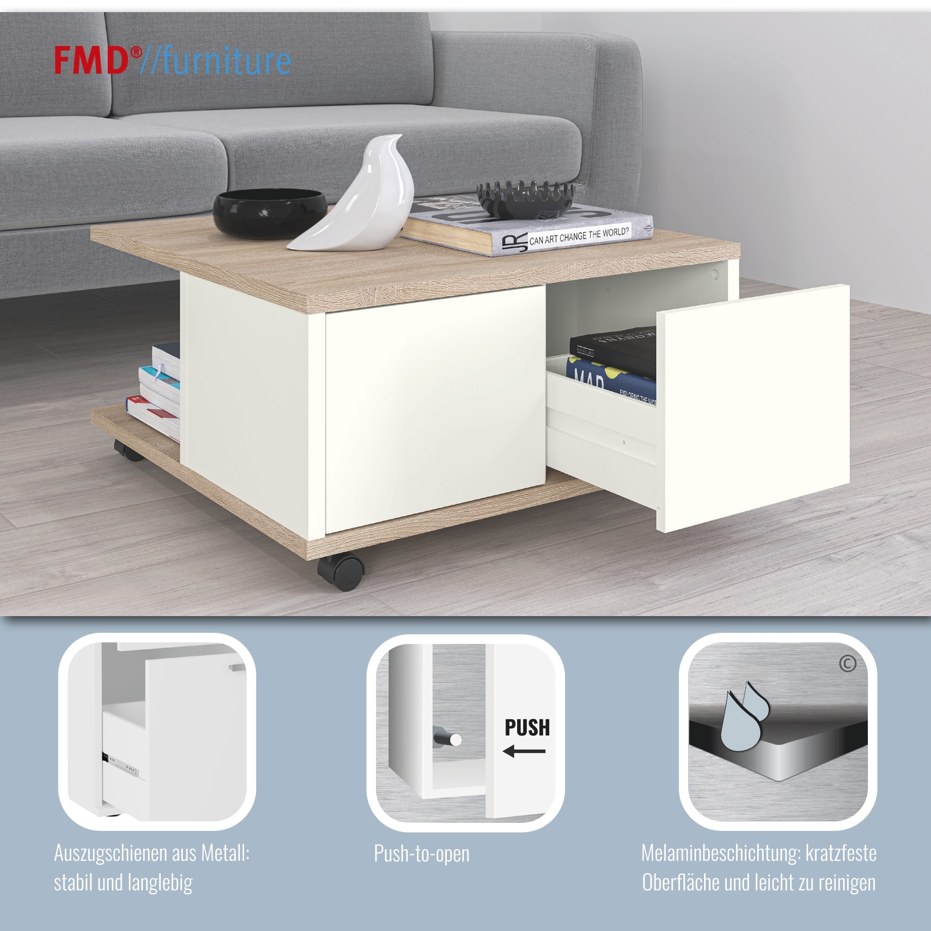 FMD Table basse »Twin« Schubladen als Push-to-open, viel Staur. , mit Rollen, Breite: 70 cm