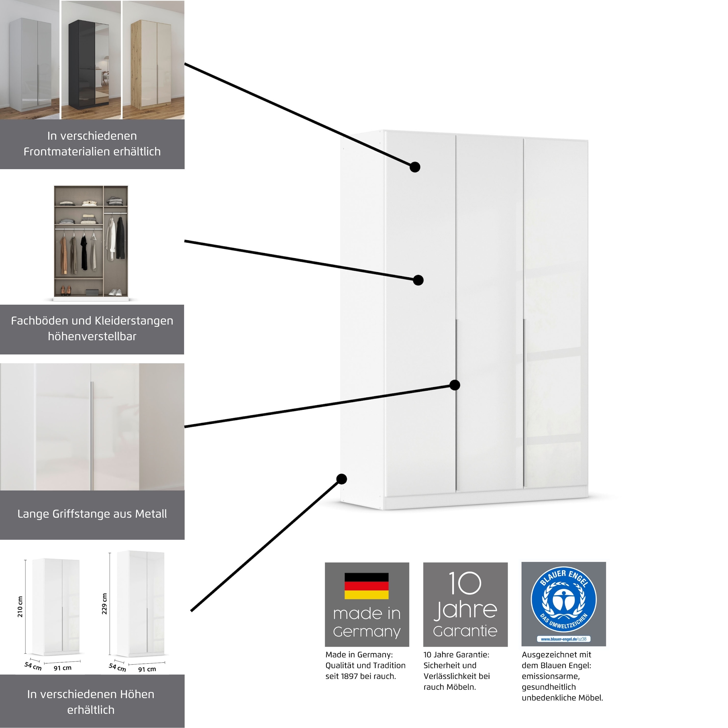 GOODproduct Armoire à portes battantes »Kleiderschrank Schrank Garderobe AGORDO mit Dekor- oder Hochglanzfront« en deux couleurs de poignées, largeurs 91-405 cm,  aménagement intérieur réfléchi, en 8 largeurs et 2 hauteurs, FABRIQUÉ EN ALLEMAGNE