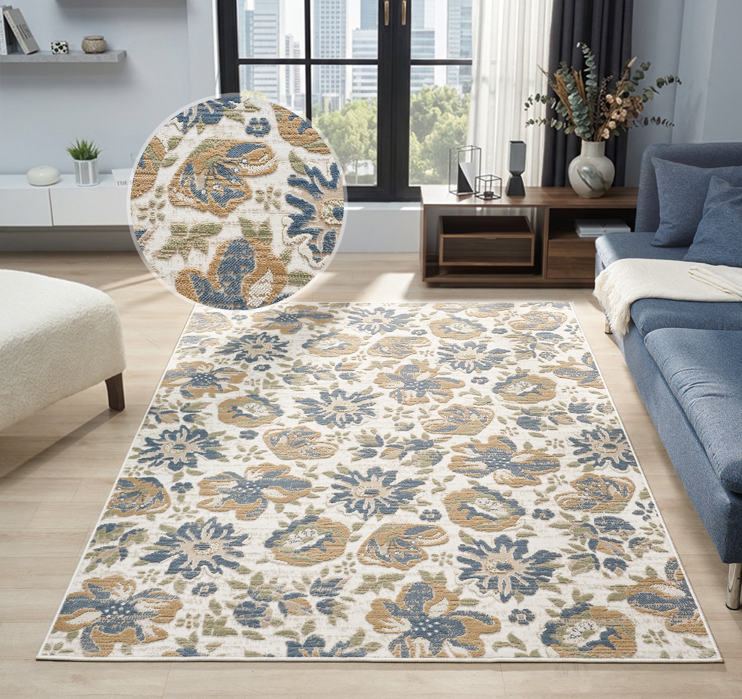 GOODproduct Teppich »Ellodie, Hoch-Tief-Struktur« rechteckig 7 mm Höhe Blumen, Floral, bunt, Wohnzimmer, Schlafzimmer, Esszimmer