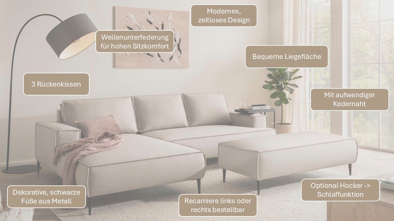 GOODproduct Ecksofa »TVINNU Leinenoptik, L-Form, Breite 275 cm« wahlweise Recamiere rechts/links, schwarze Füsse, bequemer Sitzkomfort