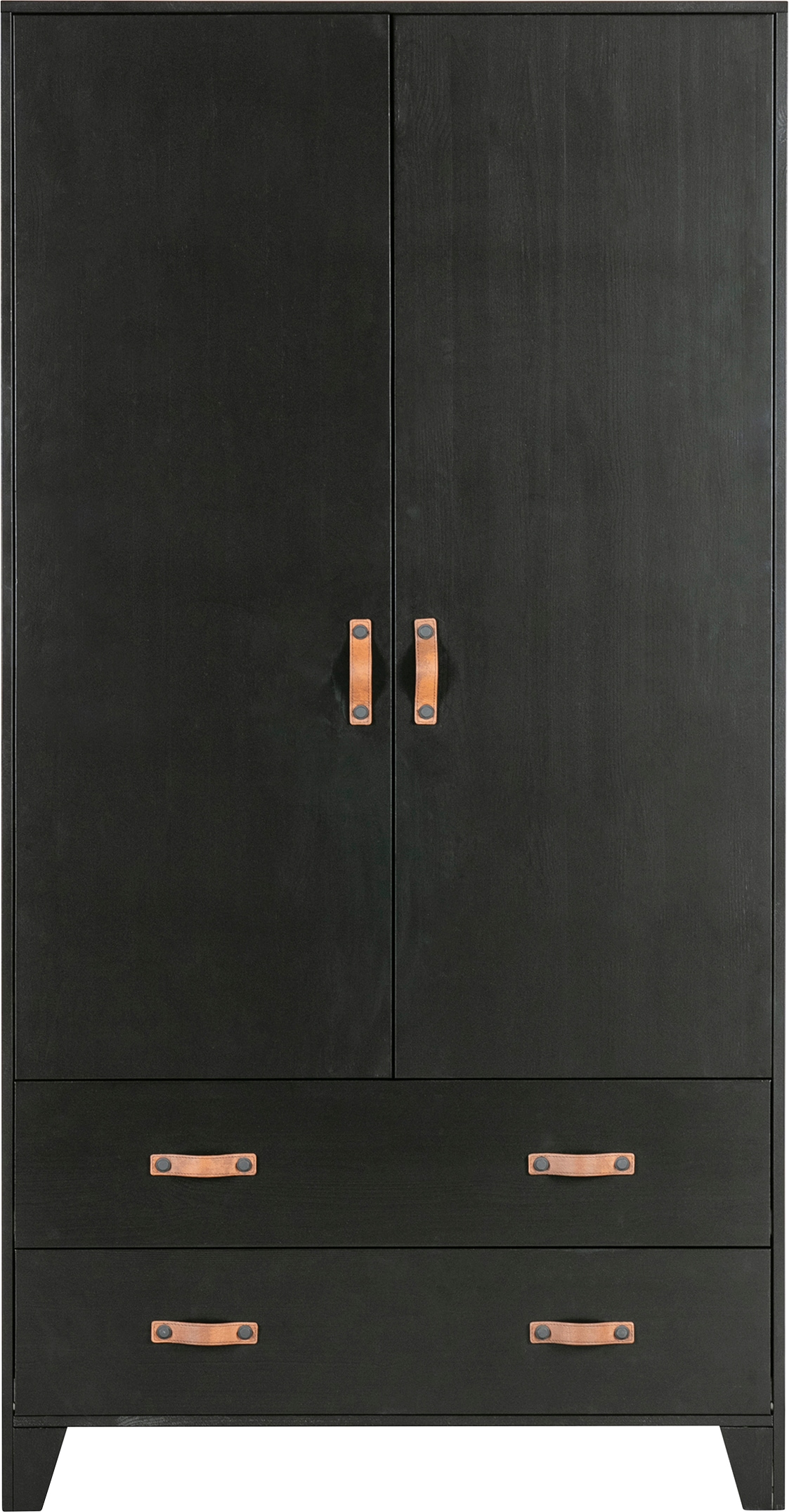 Image of WOOOD Garderobenschrank "Dian FSC-Kiefernholz mit Ledergriffe, H 180 x B 94 x T 40 cm" Schutzlackierte Oberfläche, einfach zu montierbar, sichtbare maserung