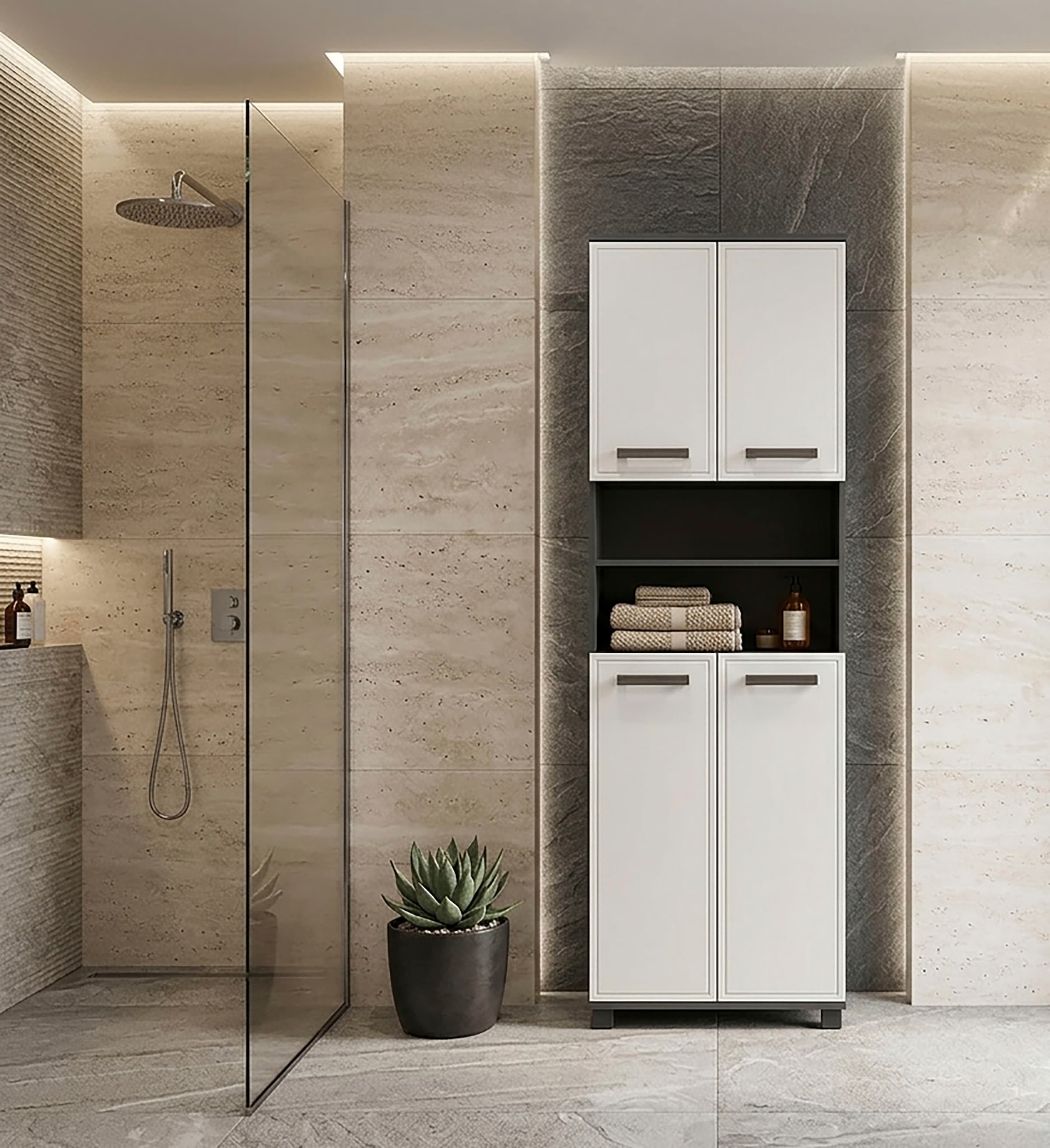 Schildmeyer Armoire intermédiaire »ADANA Badezimmerschrank, Höhe 180,9 cm, 4 Türen, MADE IN GERMANY« 1 cuis tlg. Façades MDF formées par thermoformage - embossage du cadre tout autour, FABRIQUÉ EN ALLEMAGNE