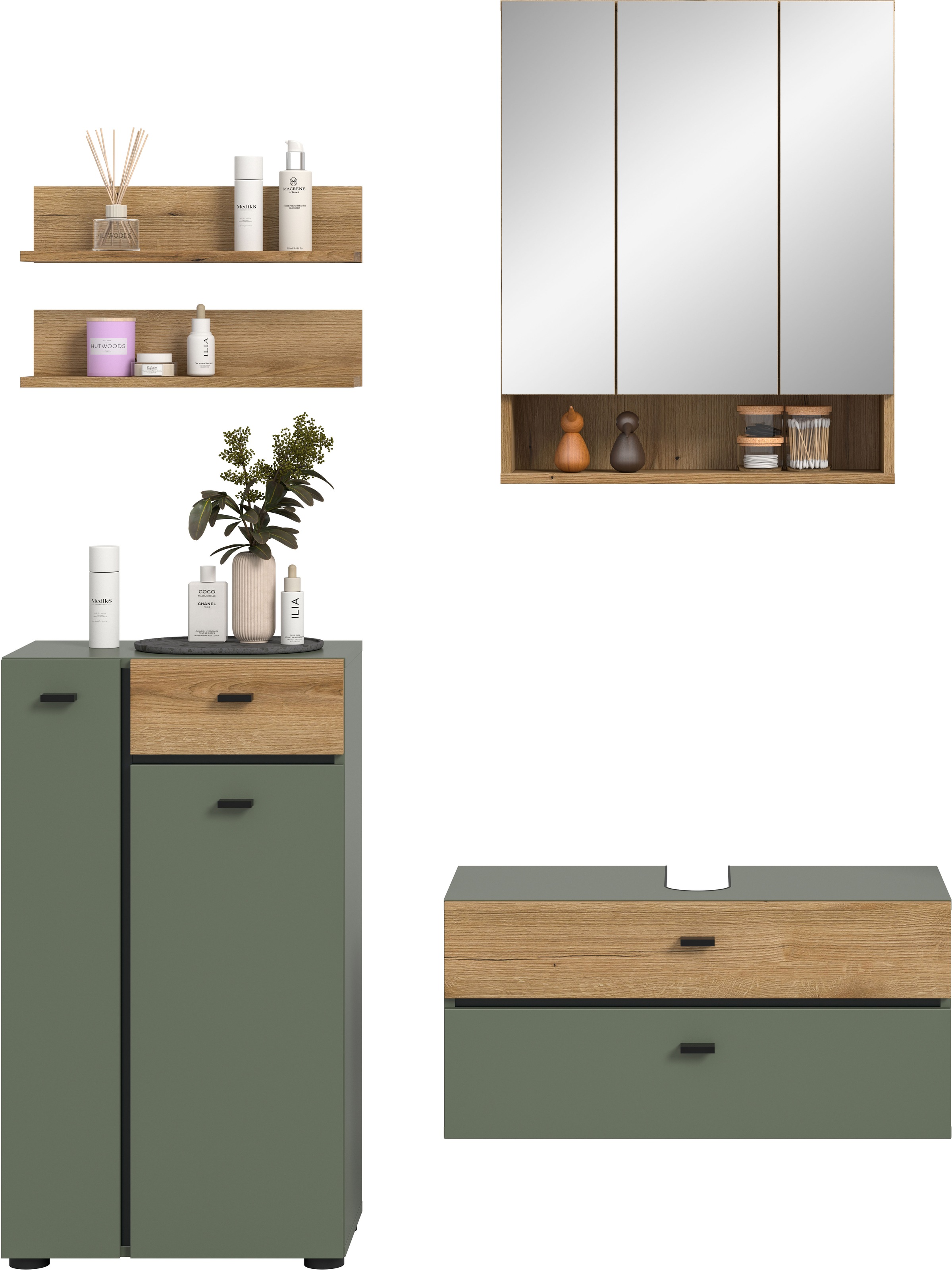 welltime Badmöbel-Set »VANN, 5-teilige moderne Badkombination, individuell stellbar« Midischrank, 2er Set Wandregal, Waschbeckenunterschrank,Spiegelschrank, 5 Stk. tlg.