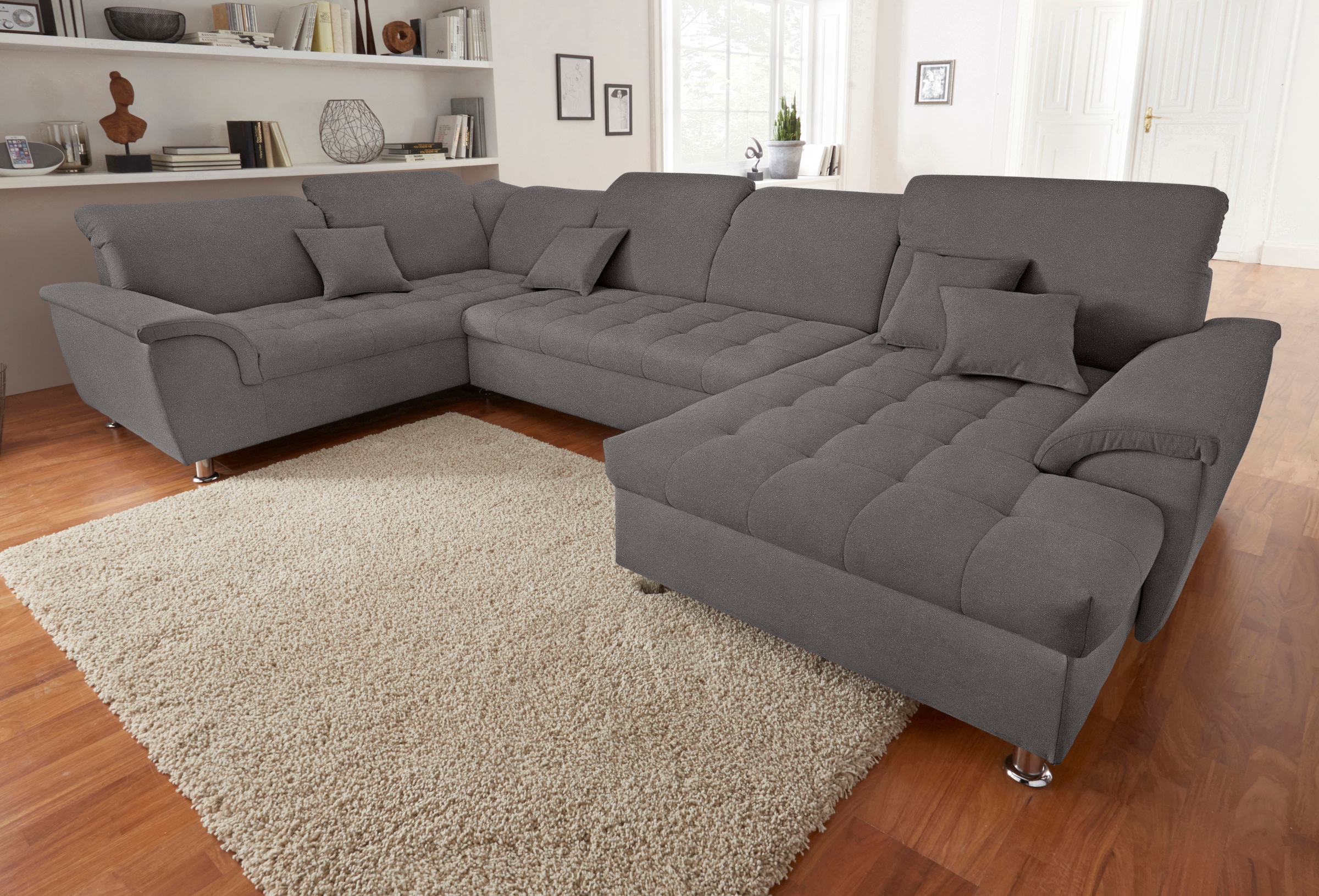 DOMO collection Wohnlandschaft »Franzi optional mit Bettfunktion, Bettkasten & Kopfteilverstellung«, XXL-Sofa, U-Form, belastbar bis 140kg/Sitz, grau, B/T: 352/214 cm