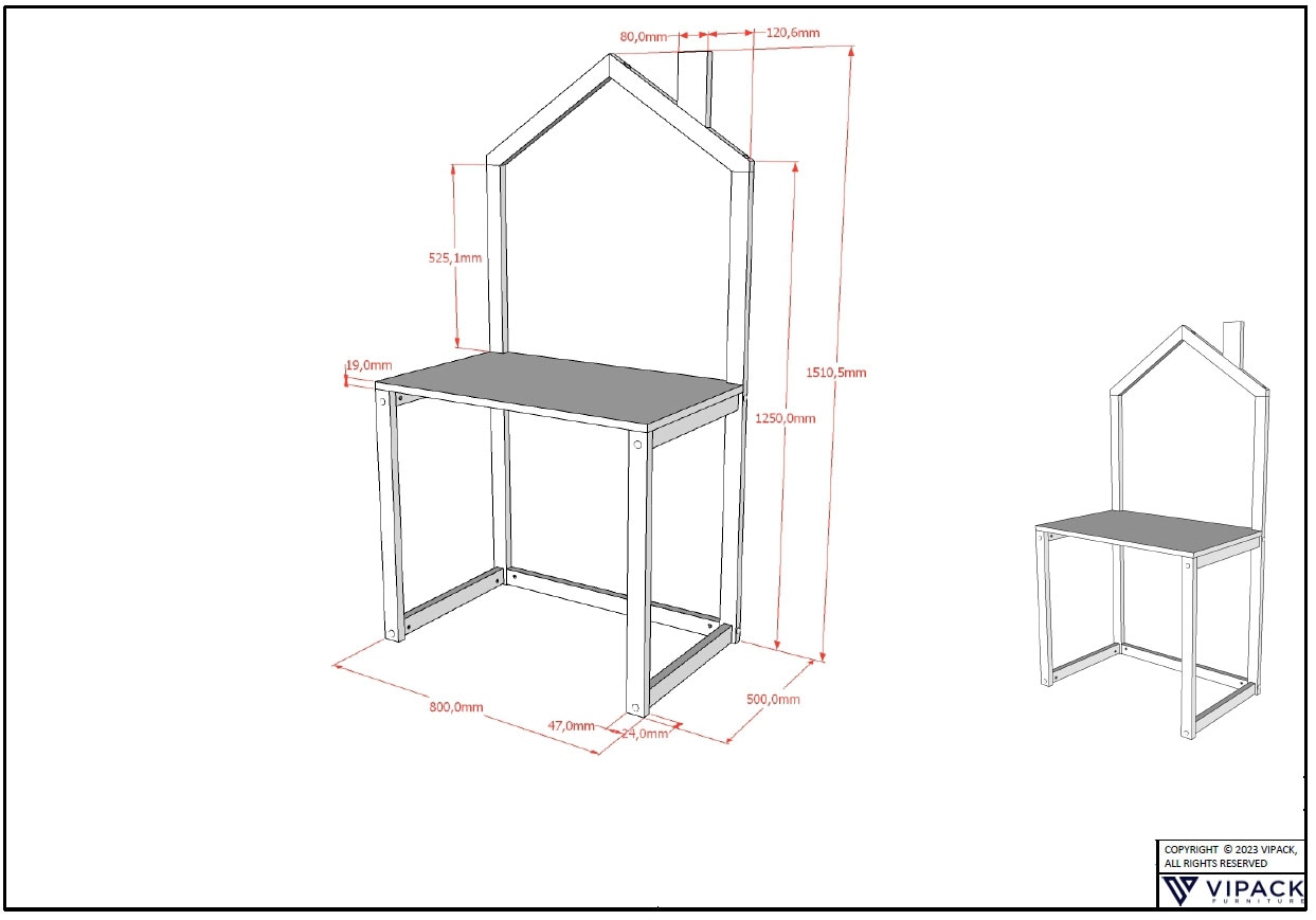 Vipack Bureau pour enfant »Dallas, Ausführung Kiefer massiv, stabil gebaut« L/H/P env. 100x150,6x50 cm, ouvert sur les côtés et à l’arrière,  avec look maison, grande surface de travail, idéal pour petits espaces, 2 couleurs