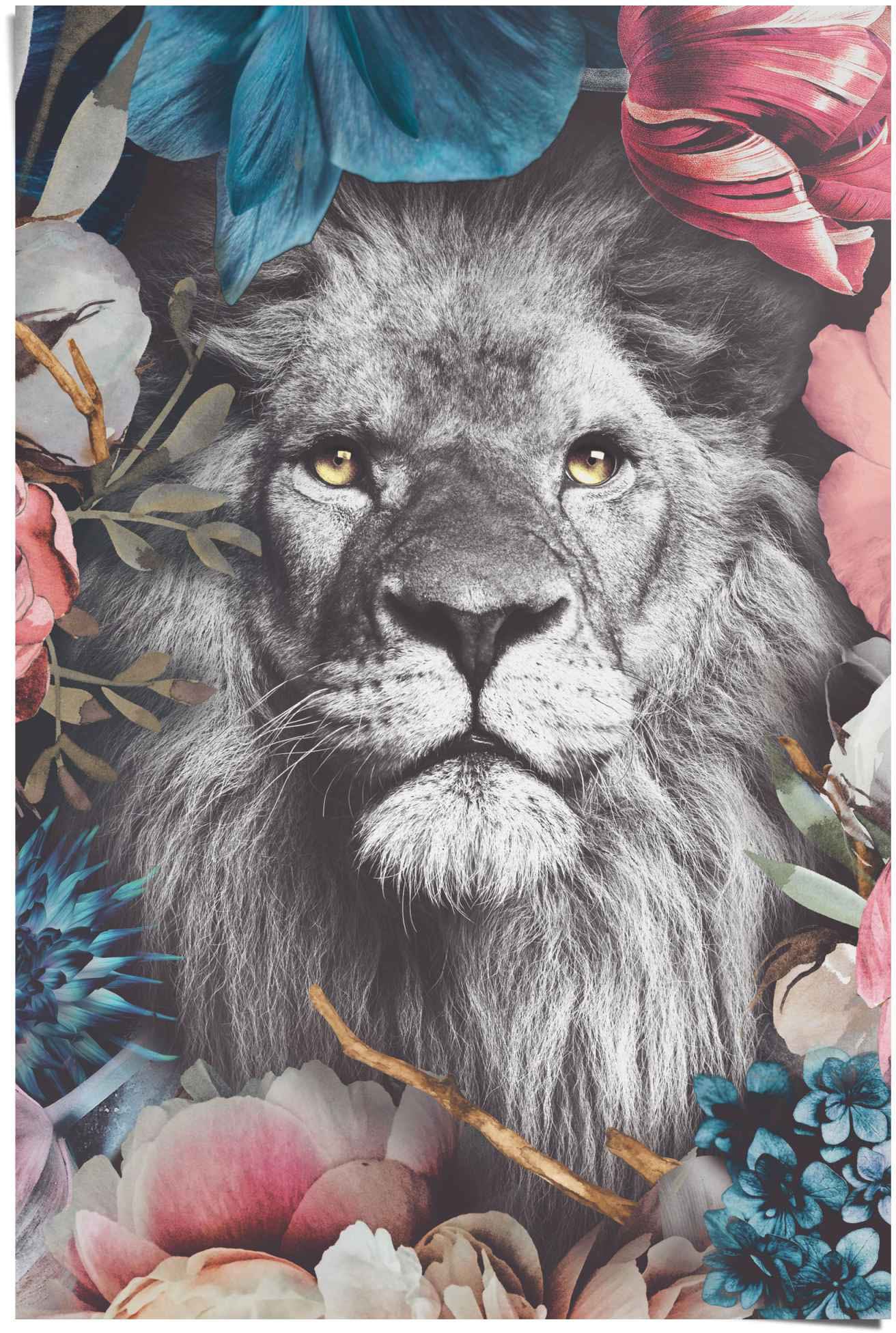 Image of Reinders Poster "Löwe Blumenkranz - Pflanzen - Farbenfroh" 1 Stk. tlg.