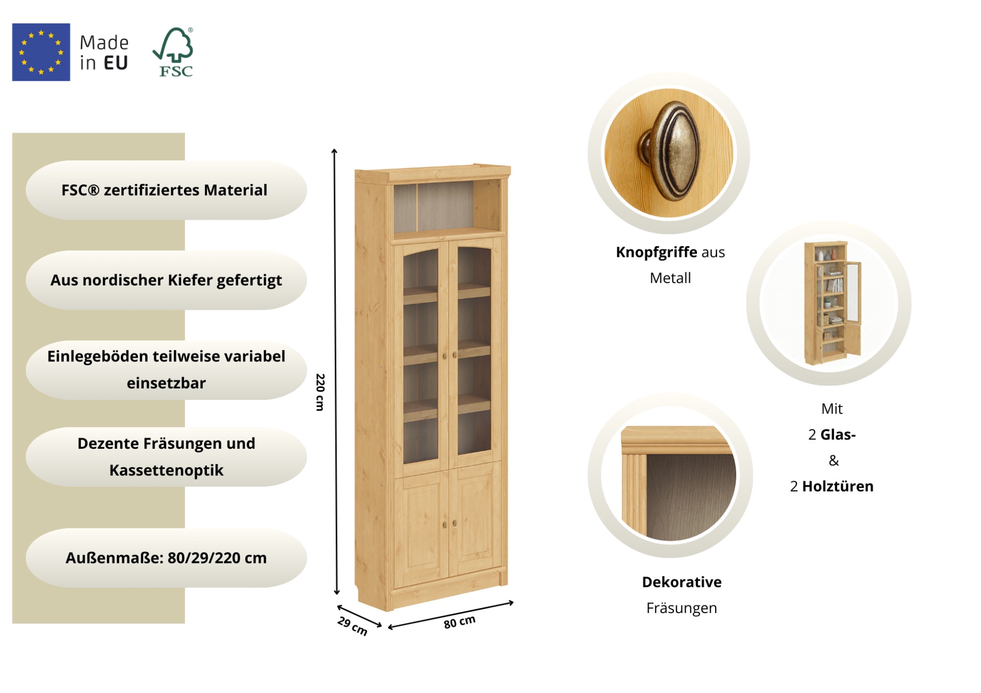 GOODproduct Vitrines »Soeren Regal mit 2 Glastüren und 2 Holztüren, B/TH: 80/29/220 cm« Kiefer FSC®-zertifiziert, 1 offenes Fach, 6 Fächer hinter den Türen