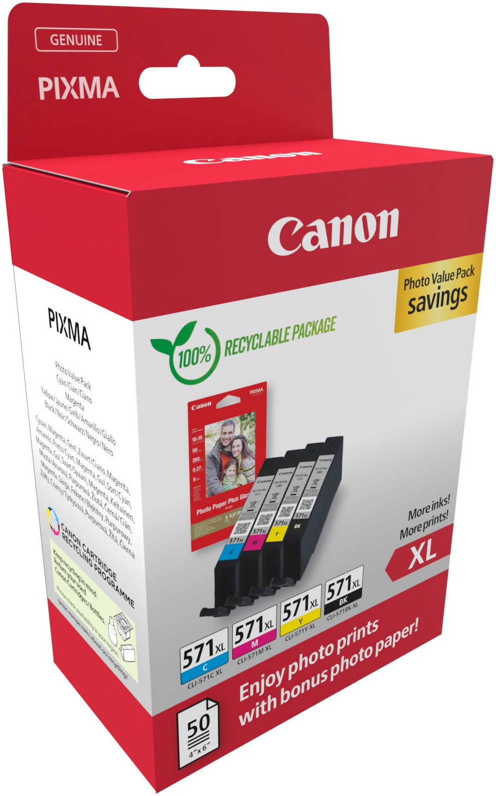 Canon Tintenpatrone »CLI-571XL BK/C/M/Y Tinte mit hoher Reichweite + Fotopapier Value Pack«