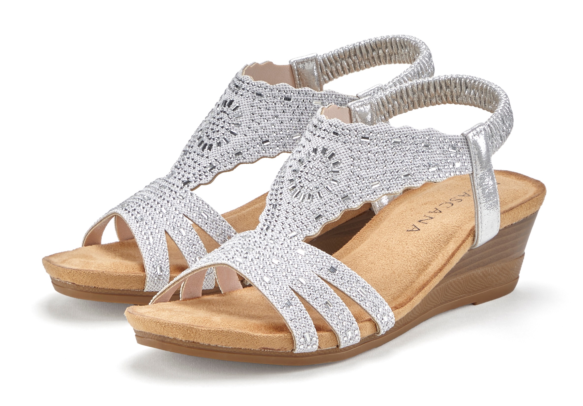 Image of LASCANA Keilsandalette "Elegante Sommer‑Sandalette" mit Glitzerdetails, Keilabsatz & elastischem Riemchen