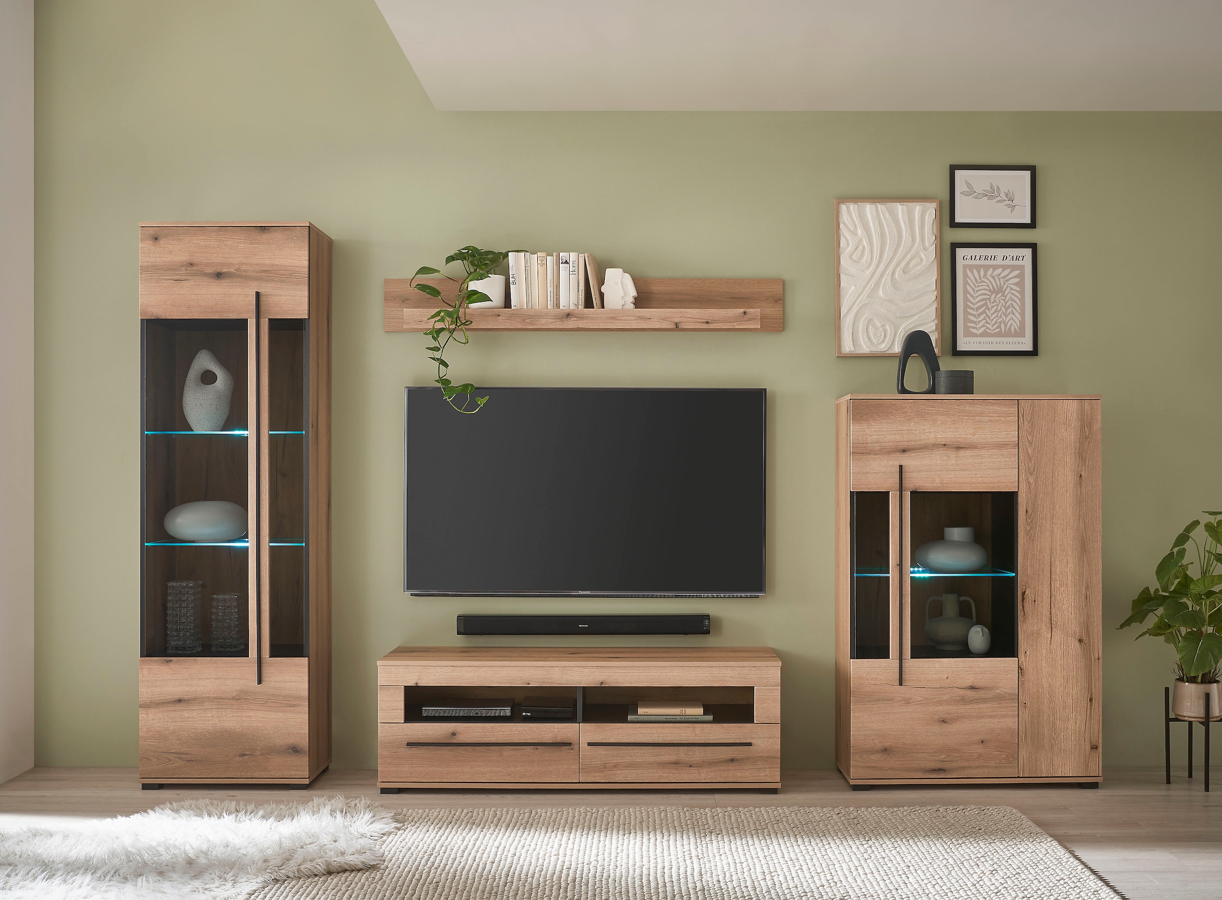INOSIGN Wohnwand »Cantara, moderne Anbauwand, Wohnzimmer-Set, in Eiche Evoke oder Weiss«, (Set), enthält zwei Vitrinen, ein Lowboard und ein Wandboard
