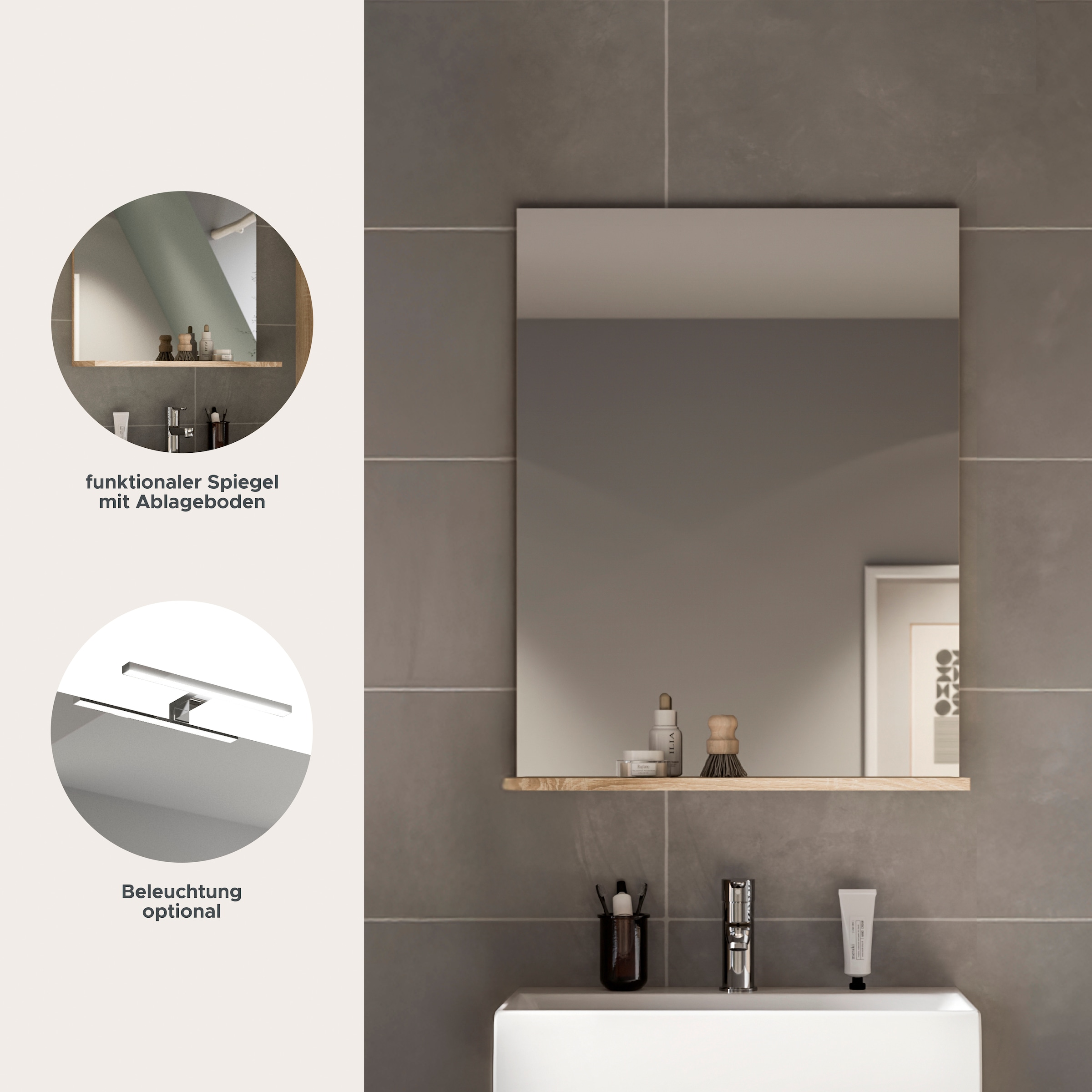 welltime Badspiegel »SIENA, Breite 60cm, 1 Ablageboden, hochwertiges Spiegelglas« in verschiedenen Farben erhältlich, Badmöbel, Spiegel, Badezimmer