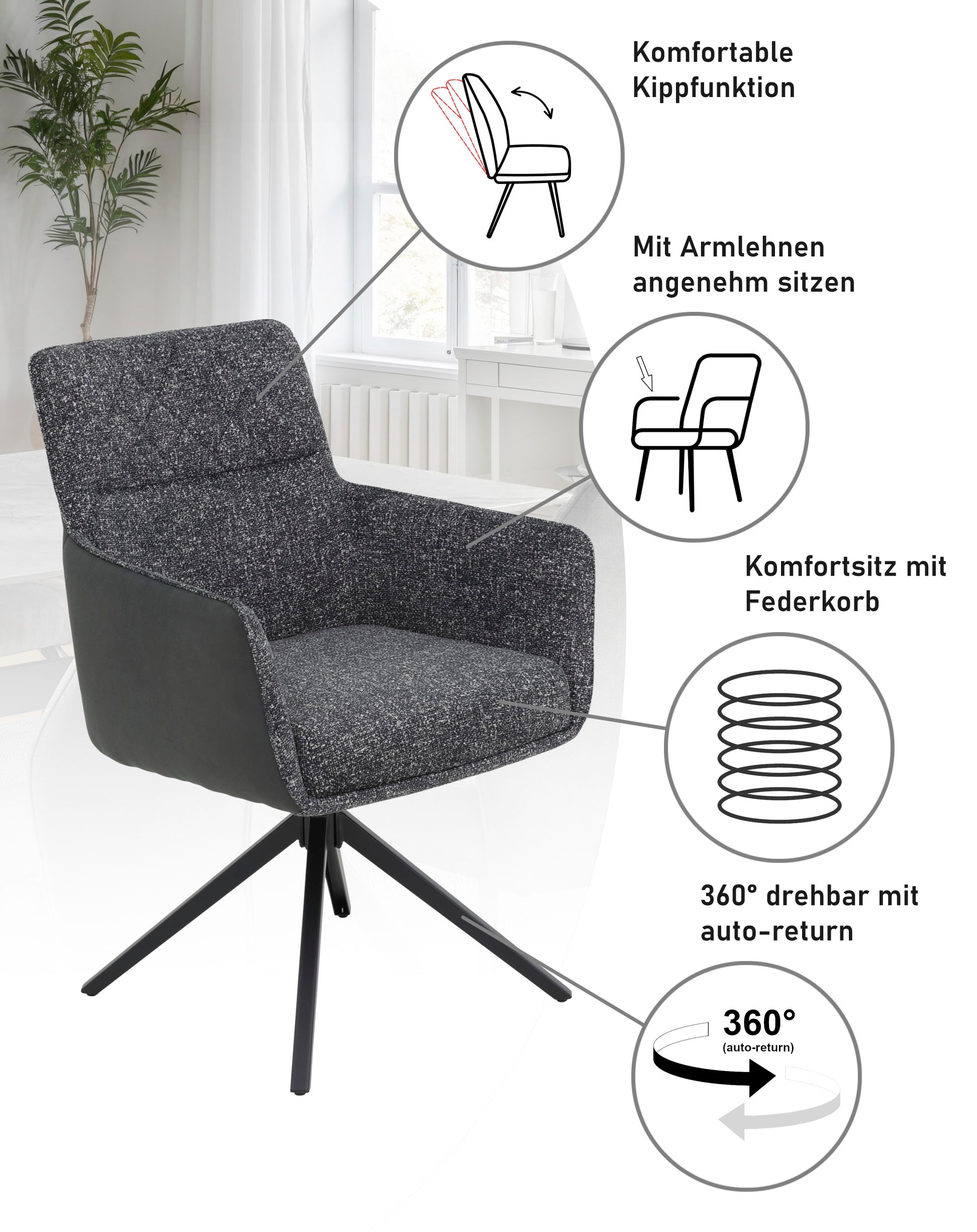 HELA 4-Fussstuhl »UDINE, Funktionsstuhl, Armlehnenstuhl« (Set) 2 Stk.360°drehbar mit Auto-Return,Wippfunktion, Federkorb, Stoffkombination