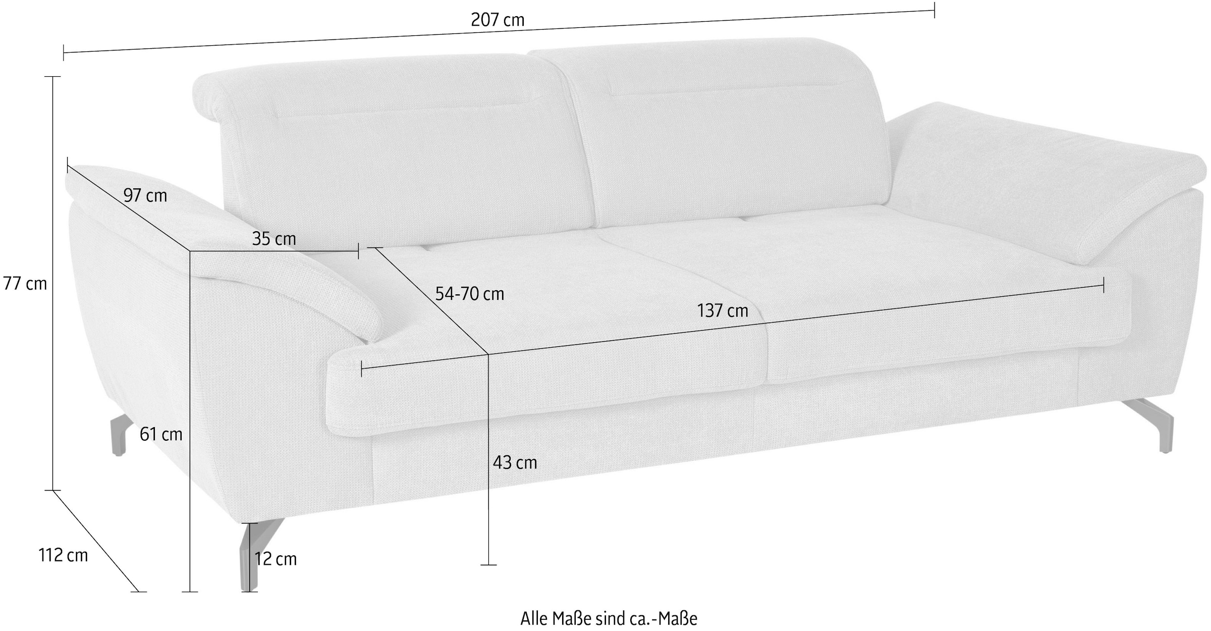 sit&more 2,5-Sitzer »Percy«, 12 cm Fusshöhe, Sitztiefenverstellung, wahlweise Kopfteilverstellung