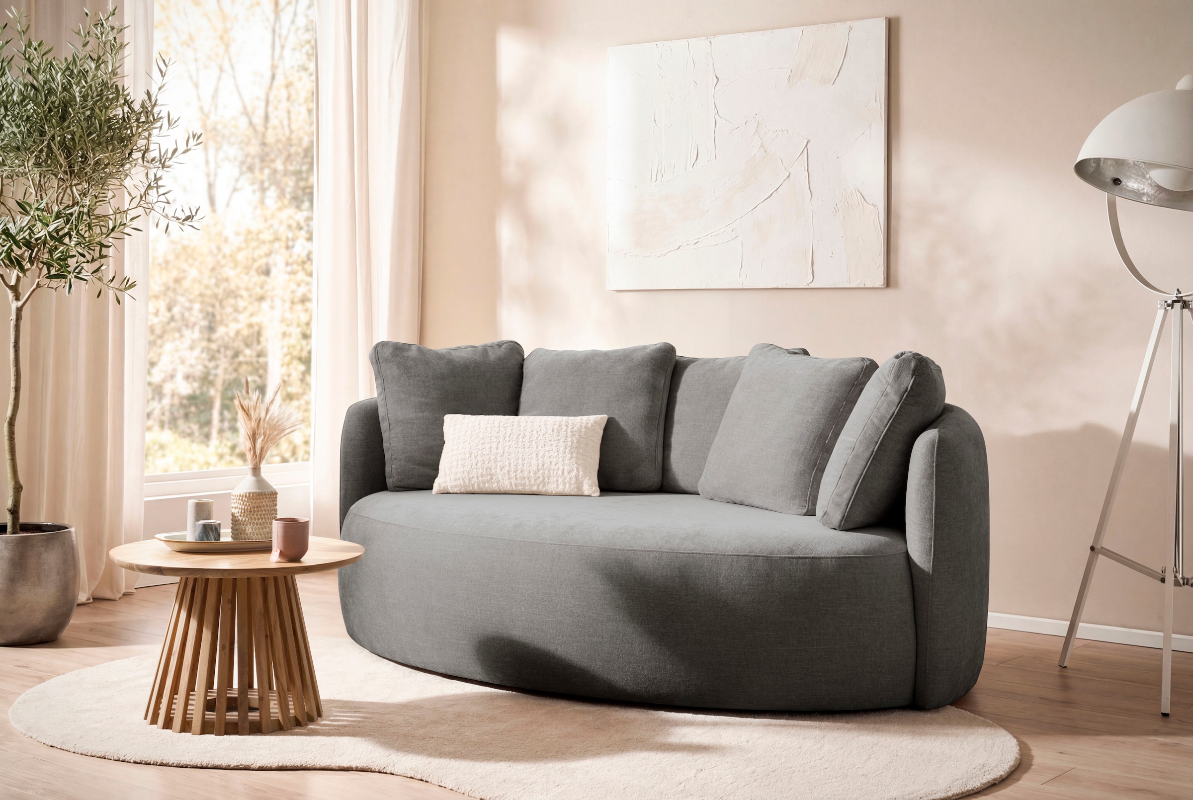 GOODproduct 2,5-Sitzer »Kaarl, rundes Loungesofa, Sofa mit Kissen, perfekt gepolstert« Webstoff, in fünf Farben, zeitloses Design, inkl. 5 Rückenkissen