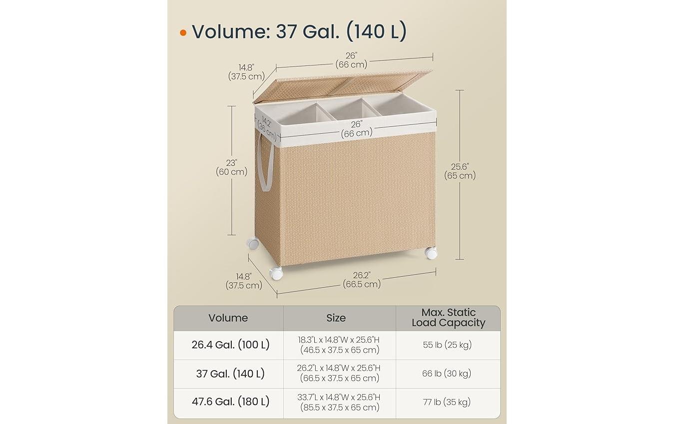 SONGMICS Wäschekorb »mit 3 Fächern 140 l«