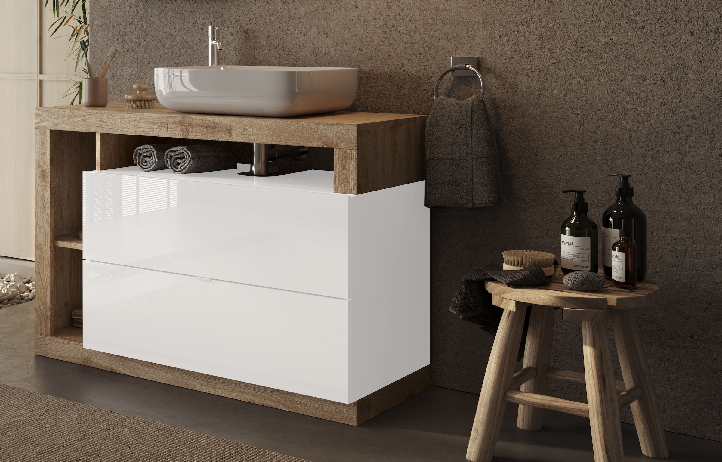 welltime Table de lavage »Hamburg« 2 Schubkästen, Breite 110 cm, Soft-Close, inkl. Keramik-Aufsatzbecken