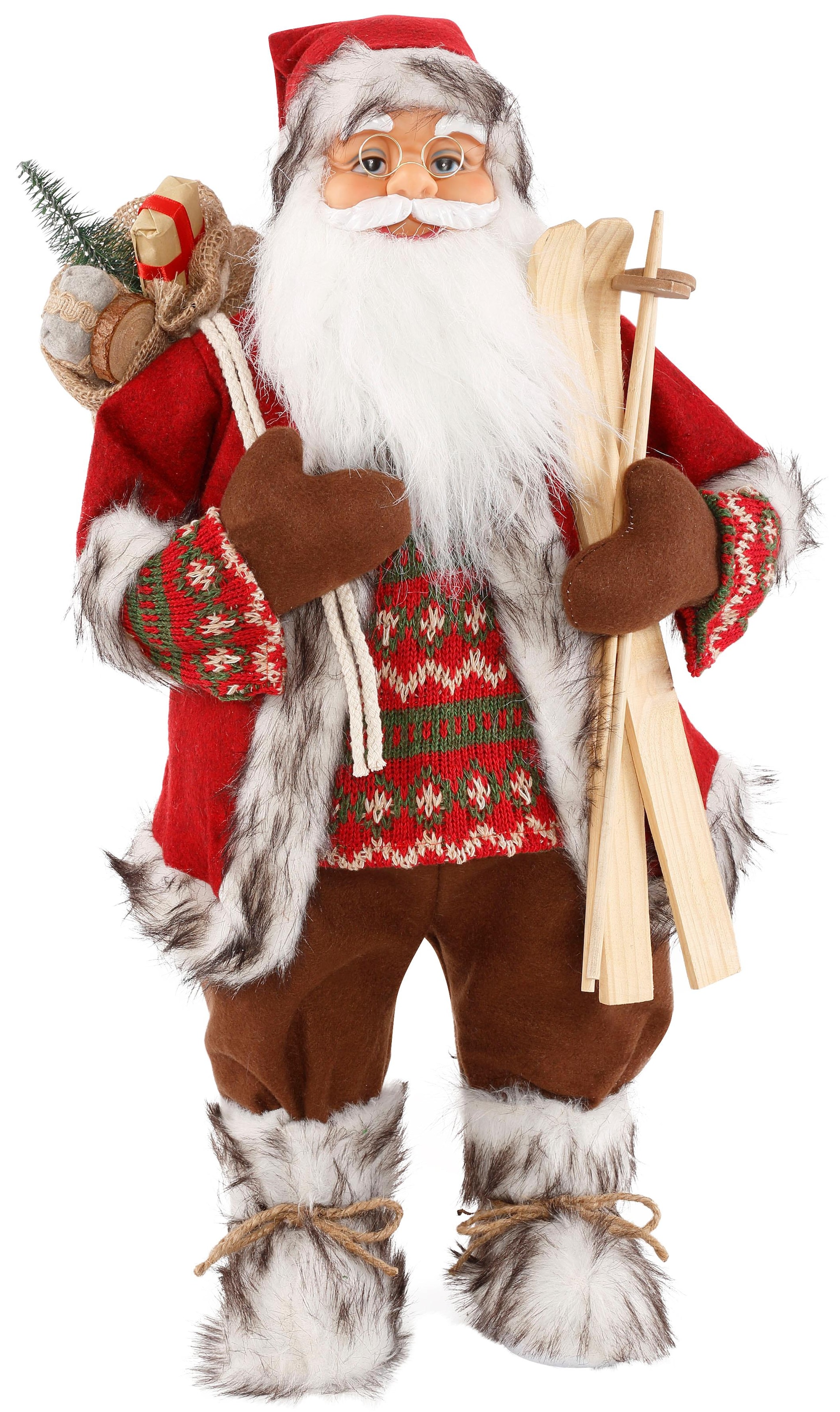 HOSSNER - HOMECOLLECTION Weihnachtsmann »Santa mit Skiern unter dem Arm und Geschenken«, Weihnachtsdeko, Dekofigur, Weihnachtsfigur