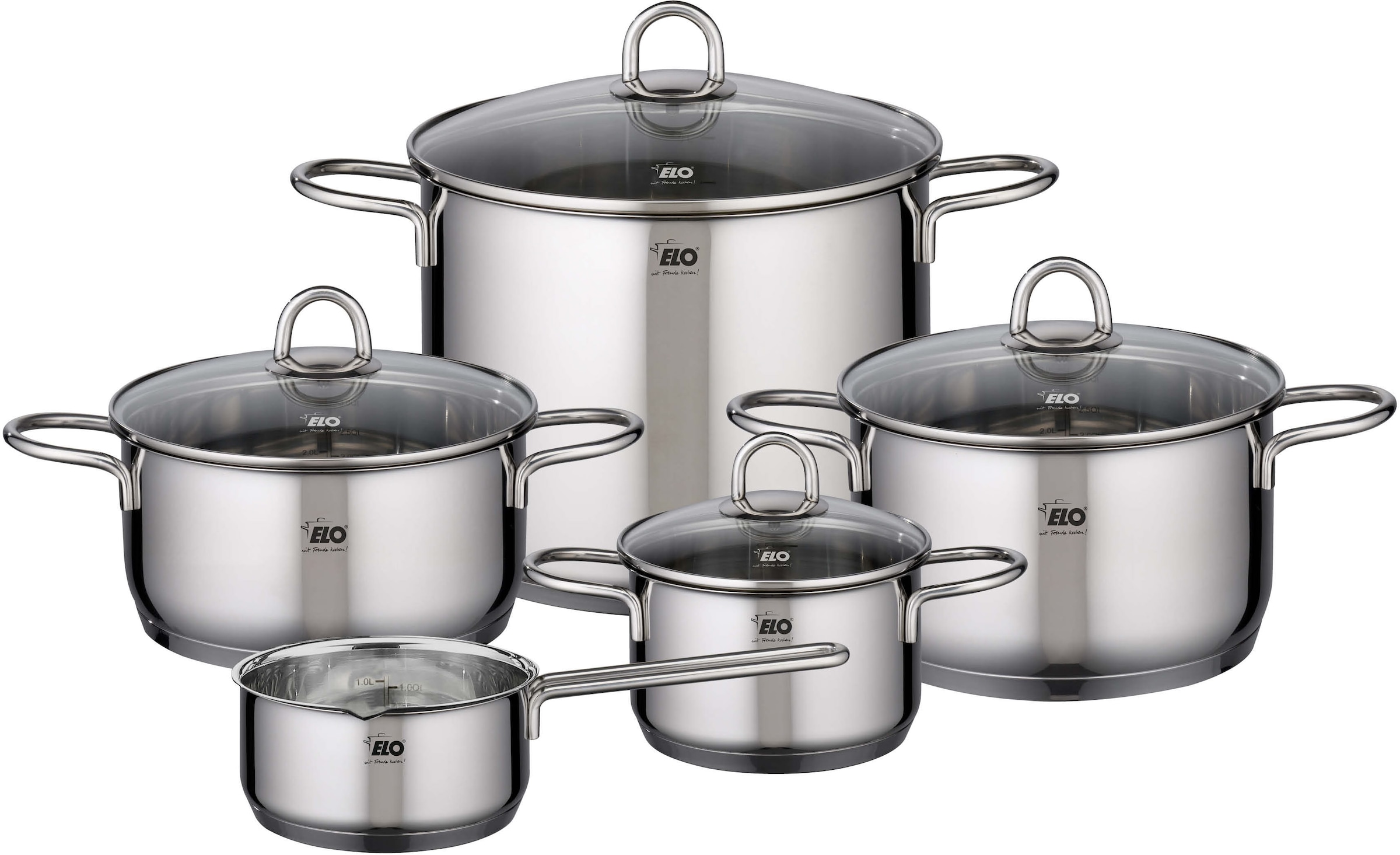 Elo Set de casseroles »Rubin« Ensemble, Bratentopf 20cm, Fleischtopf 16/20cm, Kasserolle 16cm, Gemüsetopf24 cm, 9 cuis tlg. Acier inoxydable 18/10