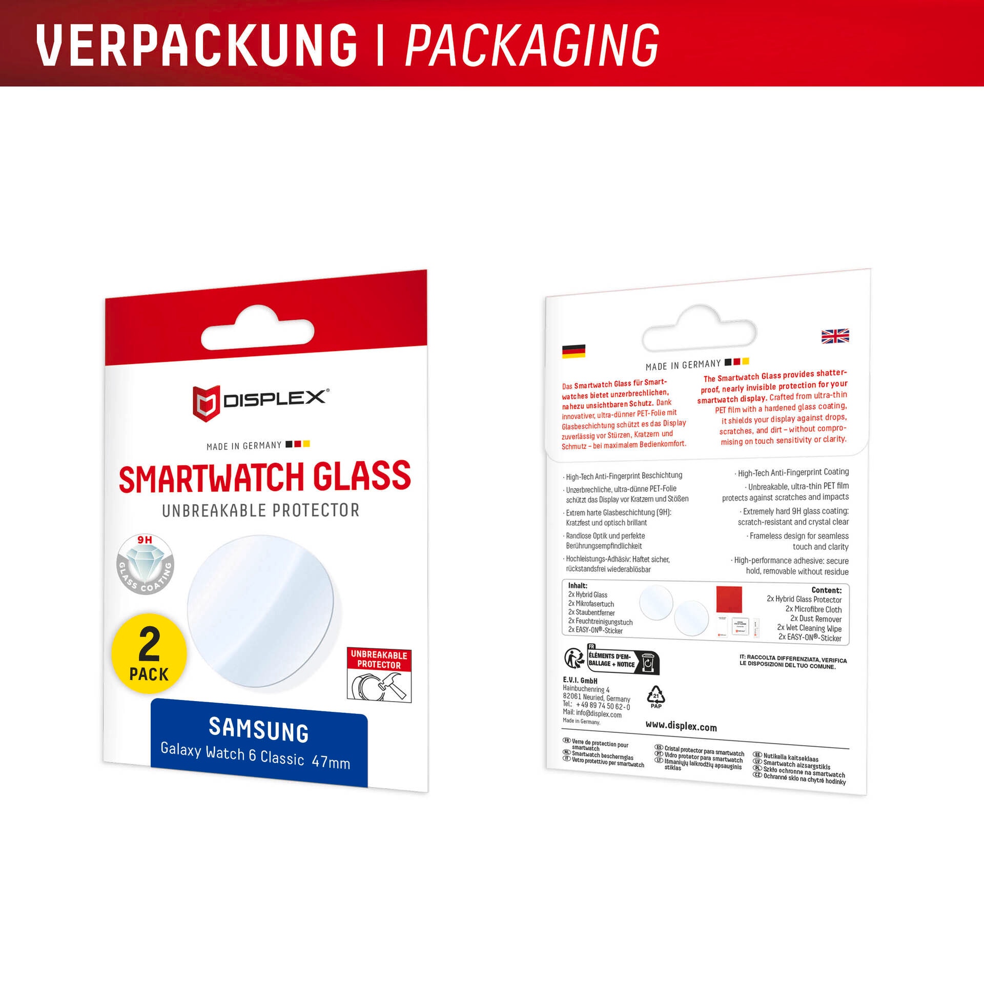 Displex Displayschutzglas »Smartwatch Glass Unbreakable Protector«, für Samsung Galaxy Watch6 Classic 47 mm, (Packung, 2x Hybrid Glass), Displayschutzfolie, Schutzfolie, Bildschirmschutz, kratz- & stossfest