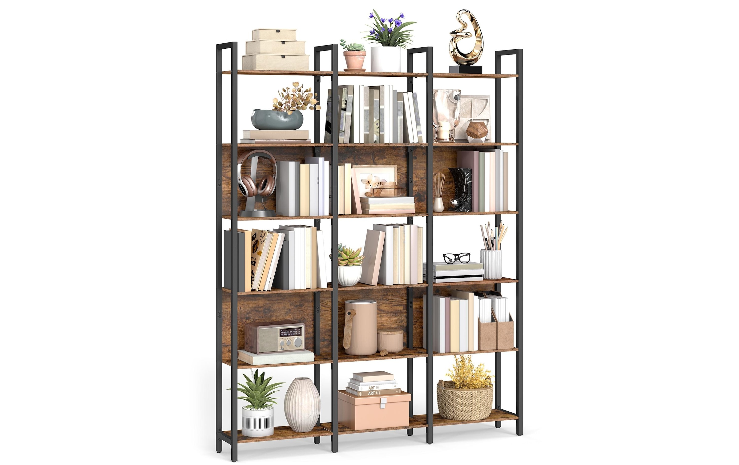 VASAGLE Bücherregal »128 x 24 x 187.1 cm« Industrie-Design-Bücherregal mit sechs Ebenen aus Holz und Stahl