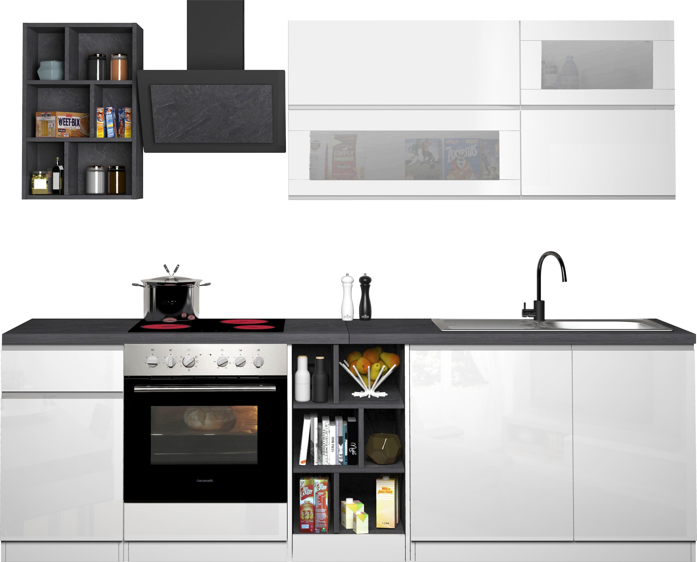Image of KOCHSTATION Küchenzeile "KS-Sole" Breite 256 cm, Hängeschränke mit Milchglas, ohne E-Geräte